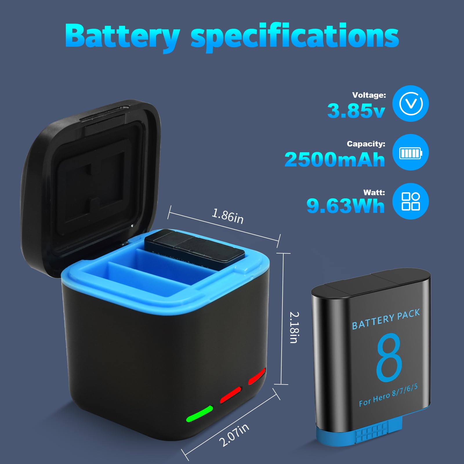 Lot de 2 batteries Hero 8 + chargeur à 3 ports compatibles avec GoPro Hero 8/7/6/5/2018 Noir