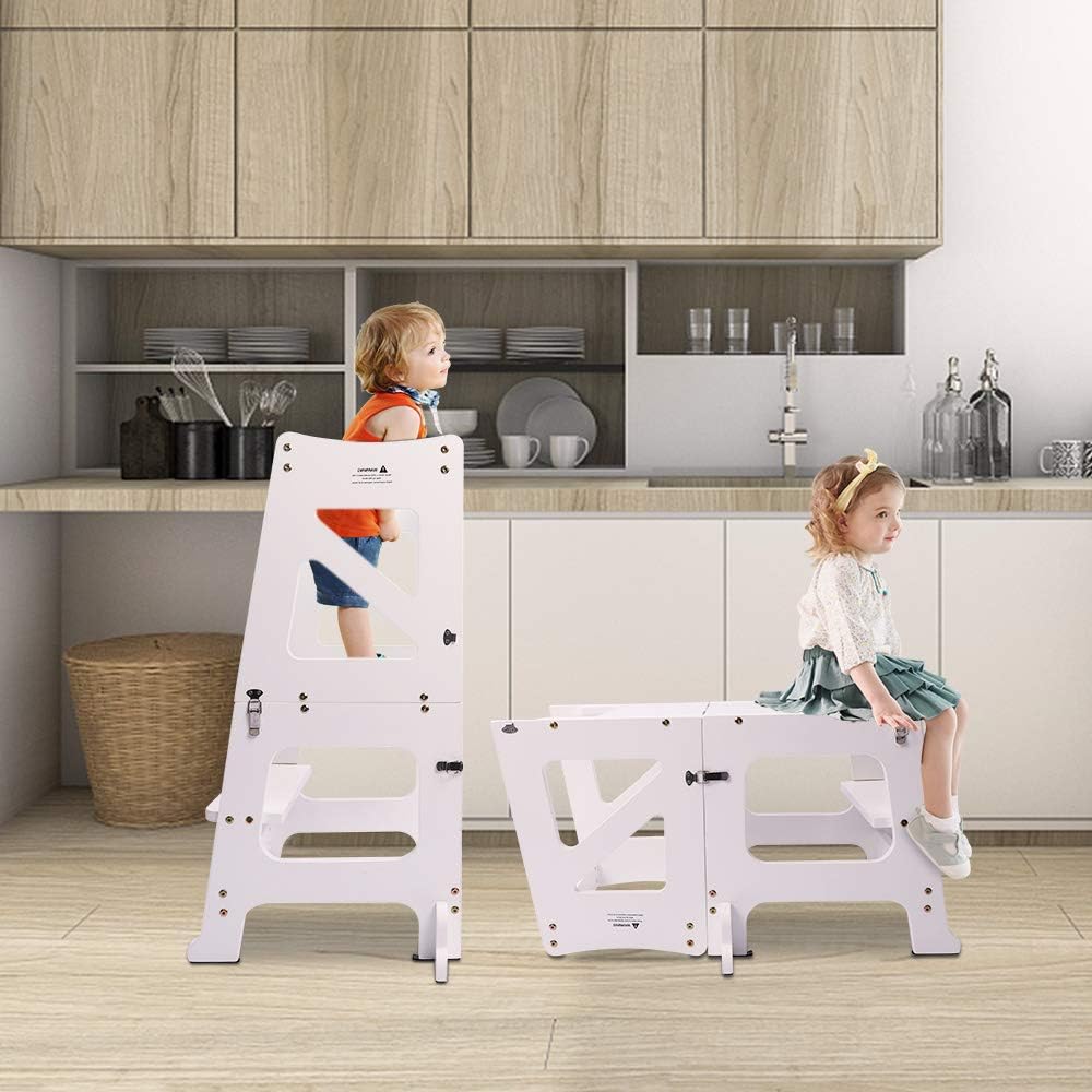 2in1 Lernturm Kinder Tritthocker Lernstuhl Kinderhocker Faltbarer Kinderschemel für Baby,mit doppelseitiger magnetischer Tafel,Umweltschutz,Küchen-/Badezimmerhelfer (Weiß)