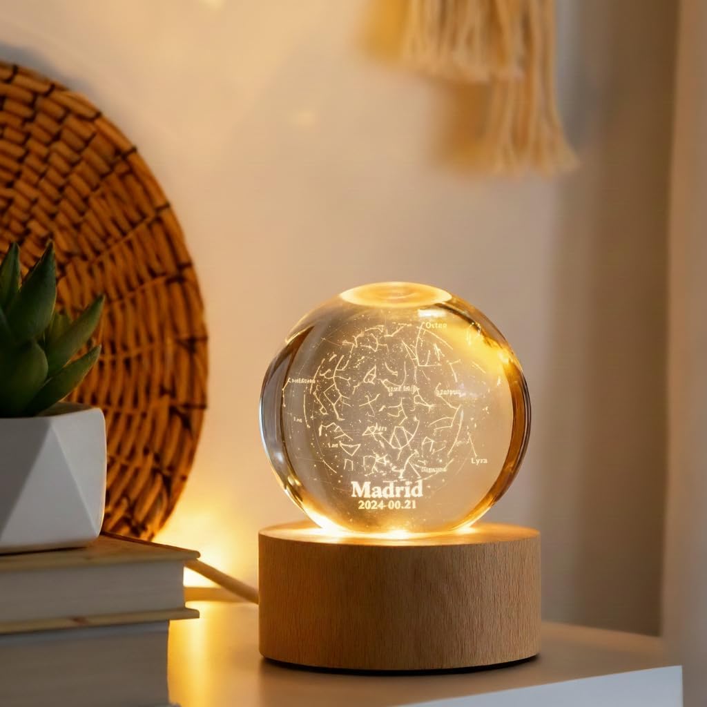 Personalized Star Map Crystal Ball – Custom Name & Date Night Sky, 3D Laser Engraved Constellation Globe with LED Base, Unique Anniversary, Birthday & Valentine’s Gift