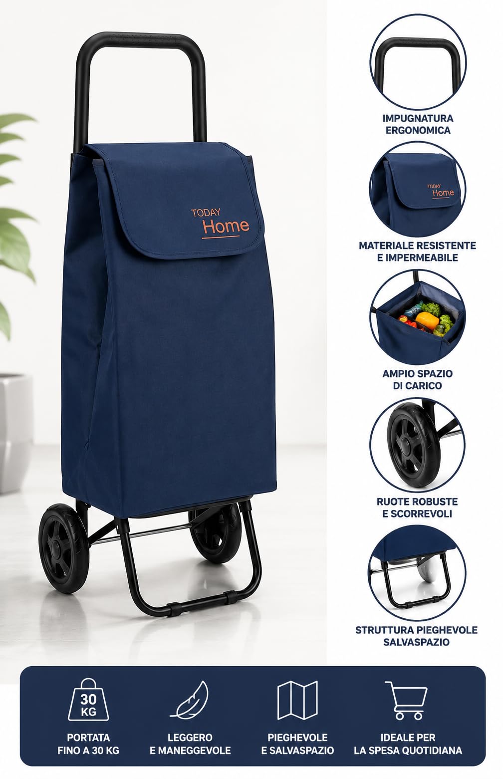 Carrello Spesa Pieghevole Isotta 42L con 2 Ruote, Impermeabile, Leggero, Capacità 25 kg