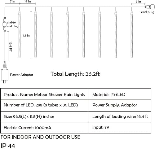 Miniatura 3 de Twinkle Star Luces de lluvia de meteoritos, 11.8 in, 8 tubos, 288 luces LED de San Valentín, luces de Navidad que caen de nieve, luces de gota de