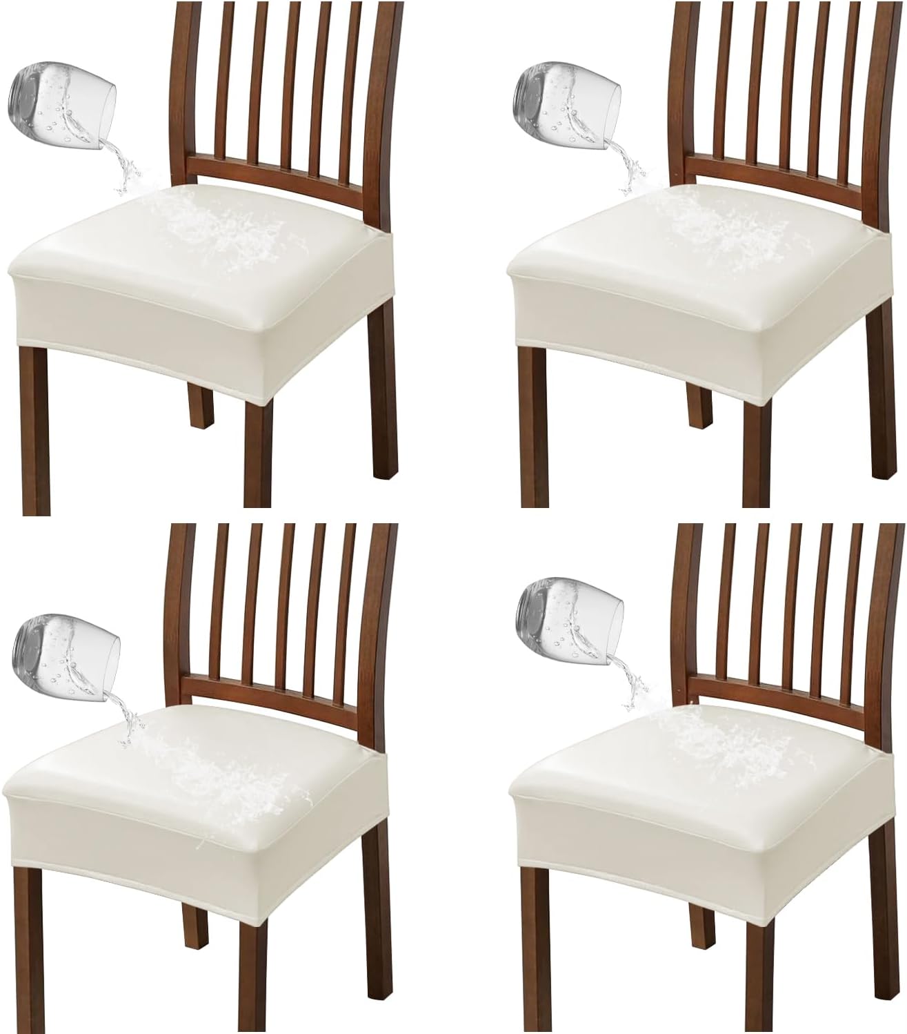 Waterproof Seat Covers for Dining Room Chairs Set of 4, Pu Leather Chair Seat Slipcovers Dining Chair Cover Removable Washable Chair Protctor Cover (4, White, PU)