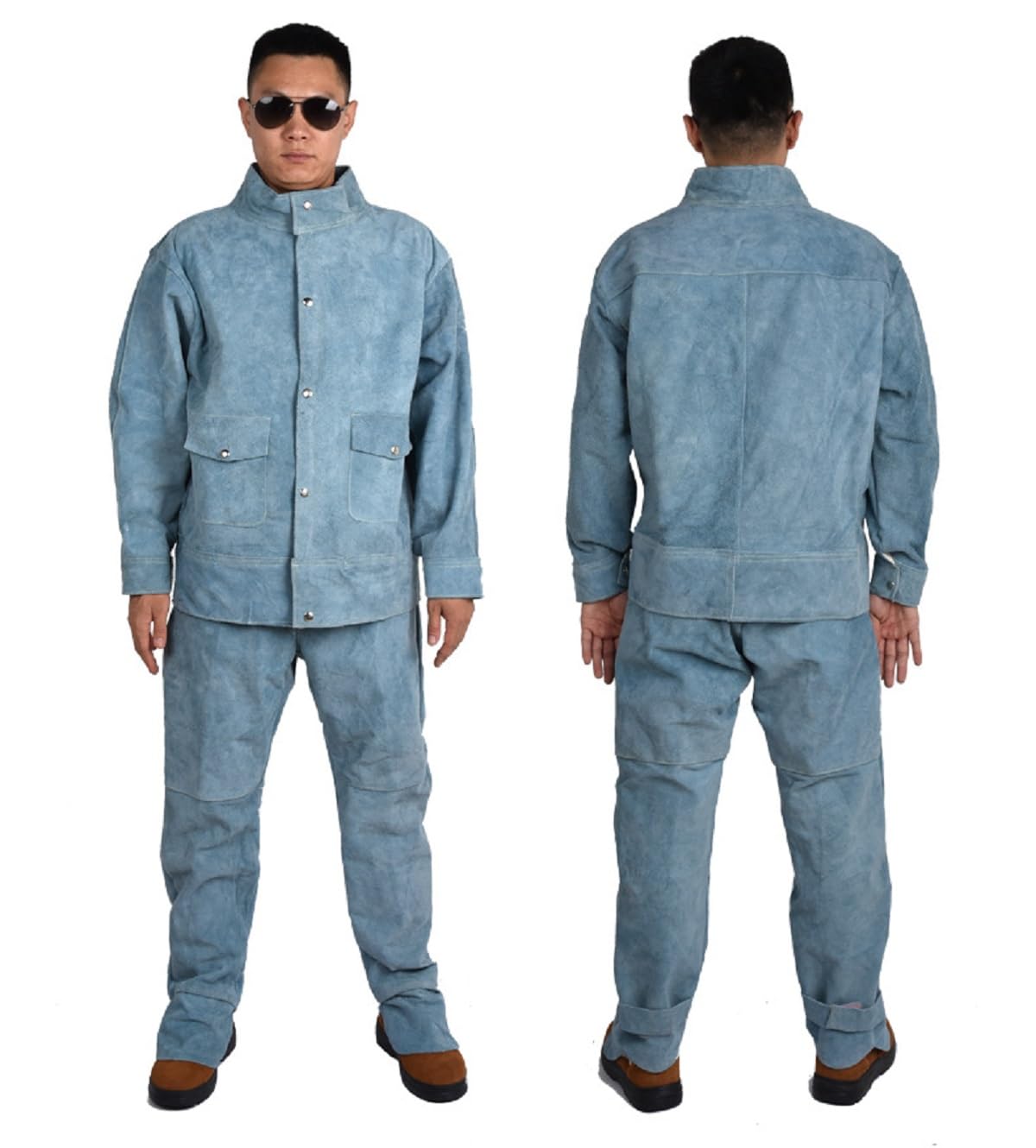 Trajes de Soldador de Piel de Vaca Trajes de Soldadura eléctrica Transpirables Anti Quemaduras Uniformes de Taller Monos ignífugos,Light Blue,L