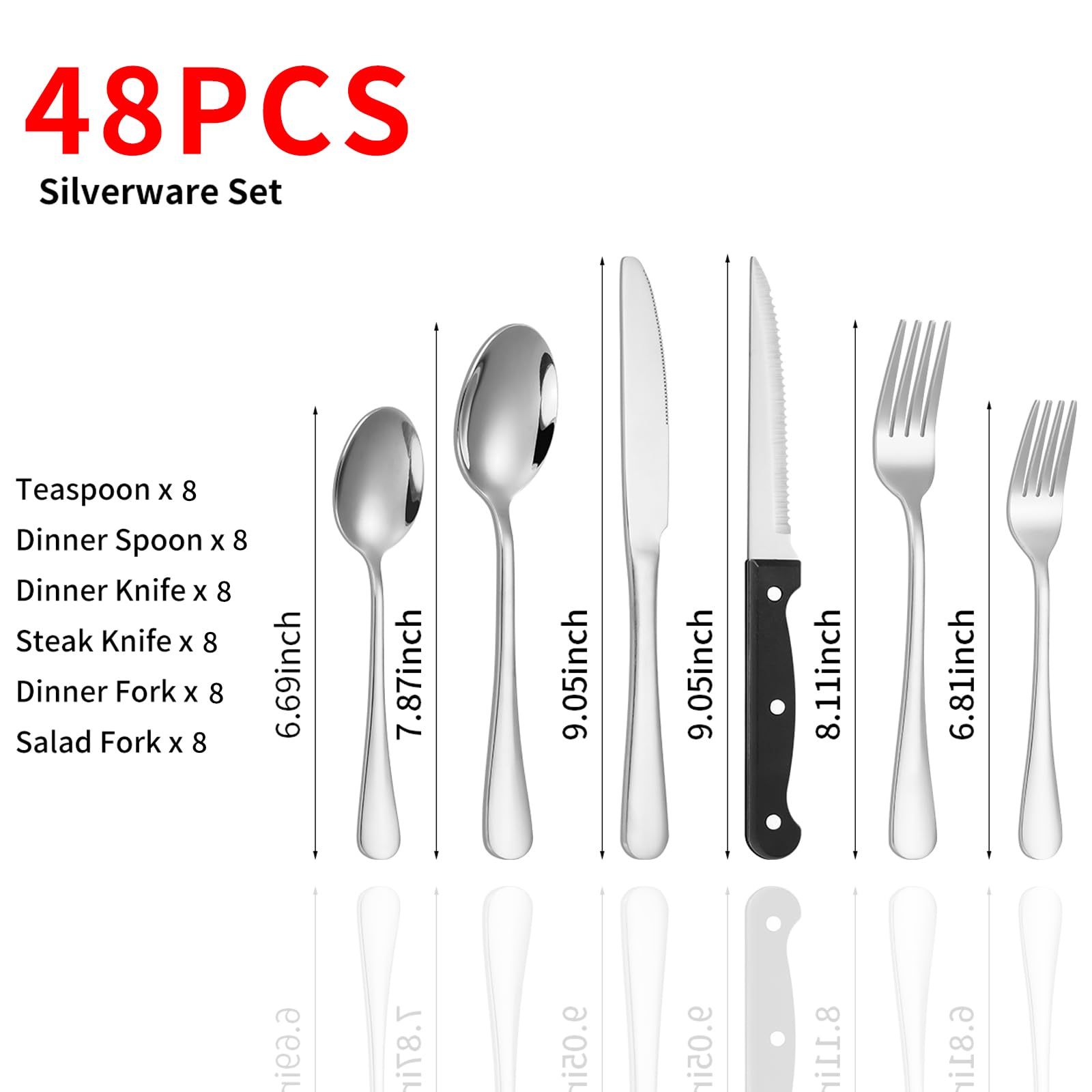 Condition photo showing Good Condition for 48-piece silverware set with steak knives, stainless steel flatware set for 8, food grade tableware cutlery set rust-proof, mirror polished, dishwasher safe