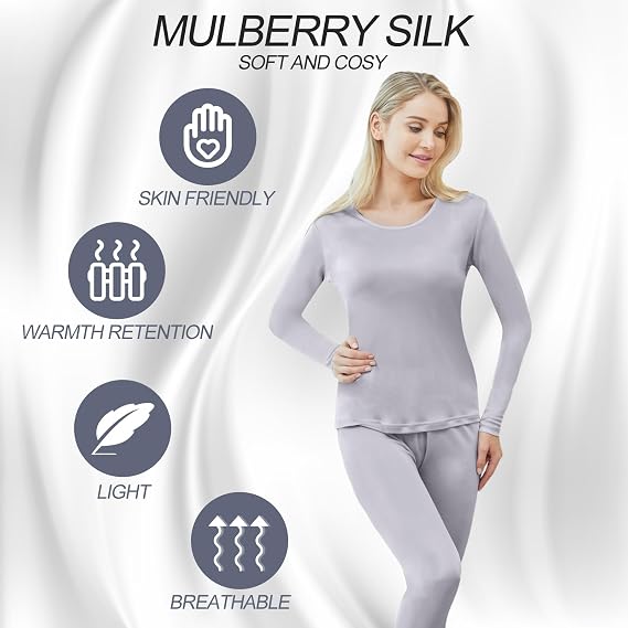 Panitay 2 Sets Women's Silk Thermal Underwear Set Mulberry Silk Long Base Layer Pajamas Top Bottom for Winter