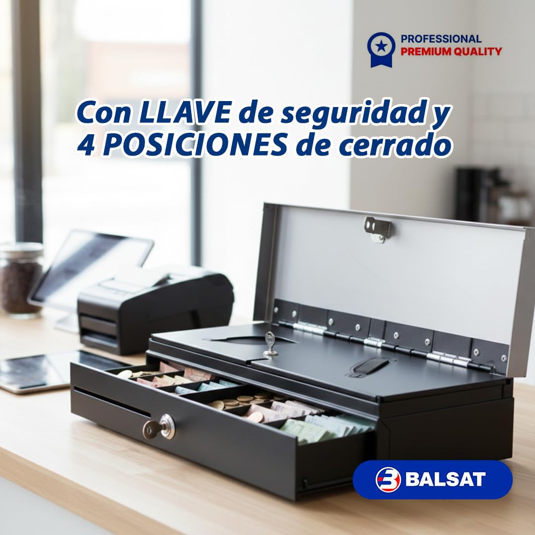 BALSAT | Cajón de Monedas Profesional | Cajón Eléctrico Con Apertura Vertical | 46x17x10 cm | Compartimentos Para Monedas y Billetes | Llave de Seguridad | Conexión RS-232 y RJ-11 | Diseño Compacto