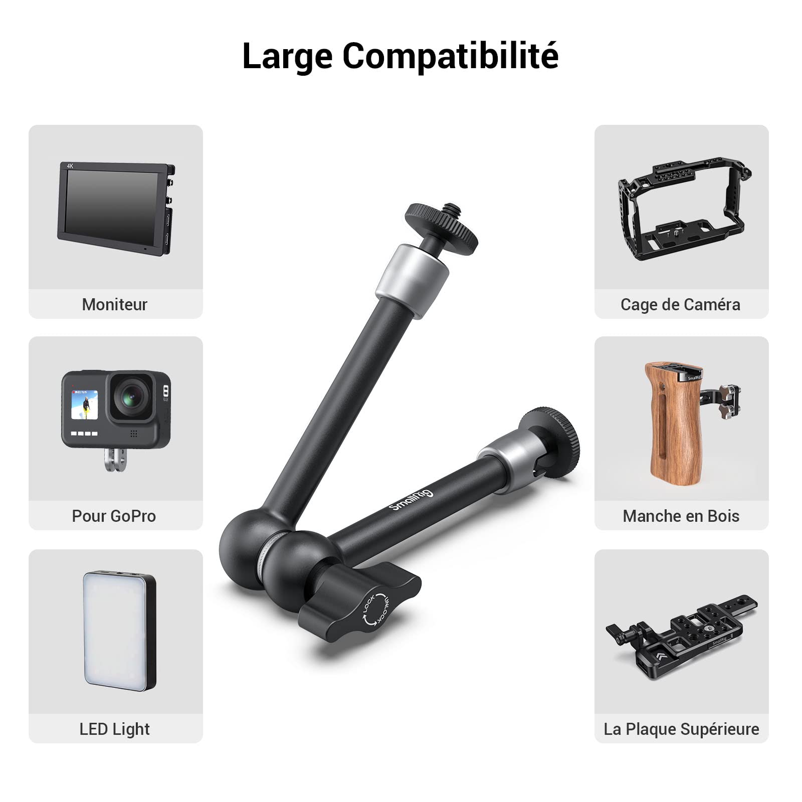 (Version Mise à Jour) SMALLRIG Bras Articule Magic Arm 10 Pouces Bras de Friction Reglable pour Moniteur LCD LED Light Caméra DSLR Rig - 2066B