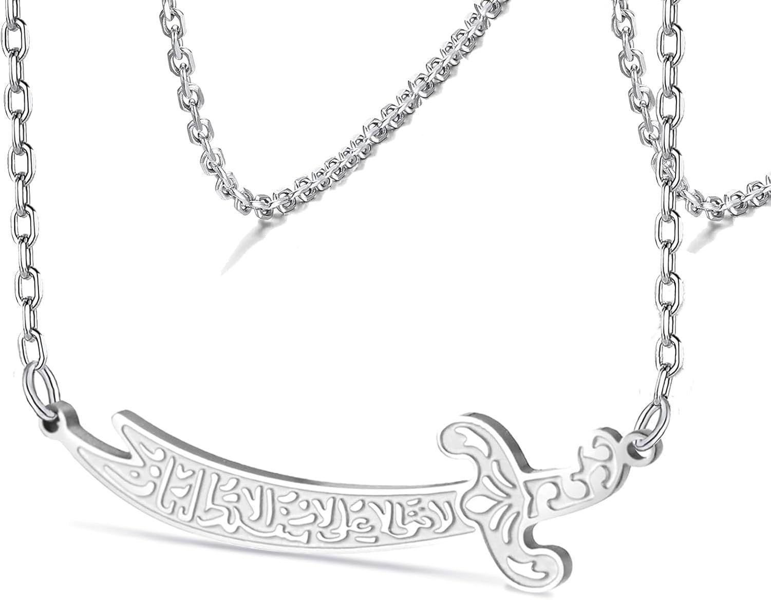 GIOFEOIK Zulfiqar Sword Pendant Necklace for Men Women Islamic Arabic Rune Jewelry Talisman Amulet Religious Gift, Silver Necklace