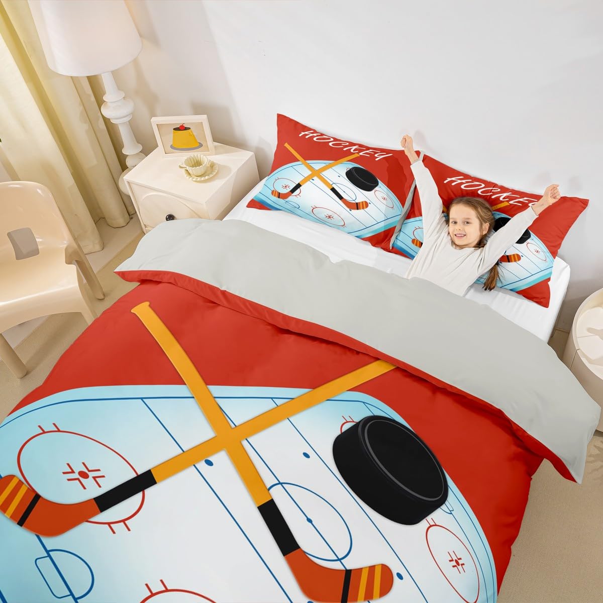 Homewish Zestaw pościeli King do hokeja na lodzie, sportowa poszewka na kołdrę dla chłopców, dzieci, nastolatków, zestaw pościeli z motywem krążka hokejowego, poszewka na kołdrę do gier, 3-częściowa