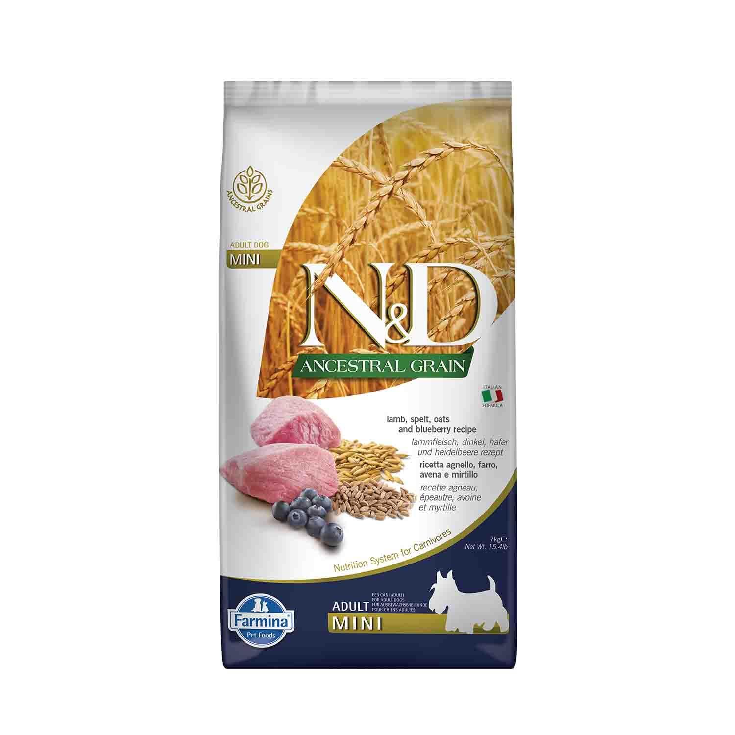 Farmina N&D ANCESTRAL Grain Pellets Hundefutter (Trockenfutter, mit hochwertigen Vitaminen und natürliche Antioxidantien, ohne Mais, Zutaten: Lamm, Dinkel, Hafer und Blaubeere, Portionsgröße: 7 kg)