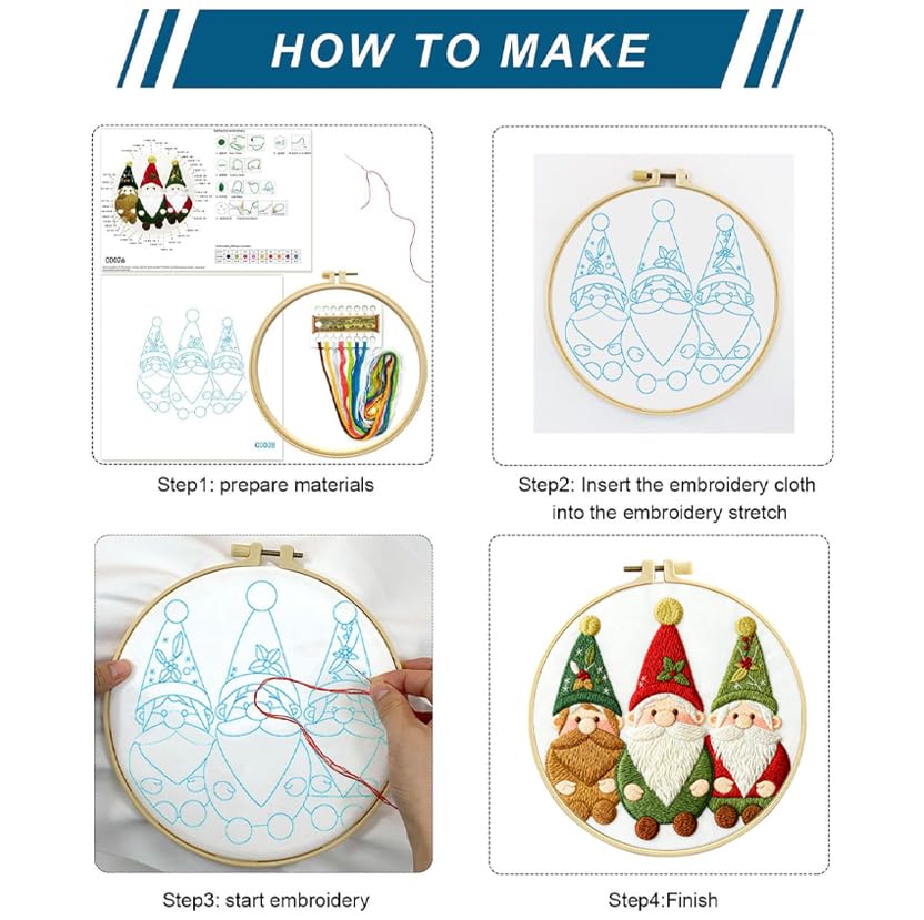 Image of Zhenqing 3 Gnomes Embroidery Kit for Beginners - 29x29cm Printed Fabric, Hoop & Full Tools Included (C0028)