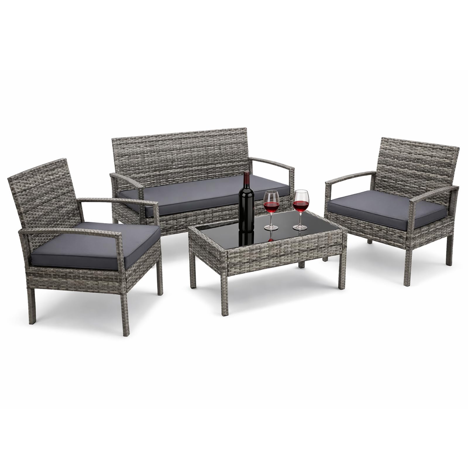 FERNVALE 4 Piece Rattan Garden Furniture Set, Weatherproof Patio Sofa Set with 2 Armchairs, Bench, Glass Table & Cushions, Outdoor Garden Seating for Patio Balcony Conservatory (Black)