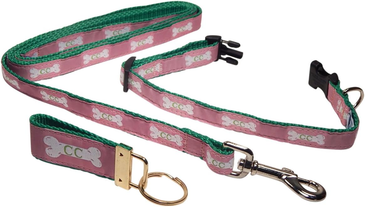 Preston "Raspberry Cape Cod Dog Bones" Collar and Leash Set, SMALL Dogs, FREE Matching Key Ring (SMALL, 3/4 Inch Width)