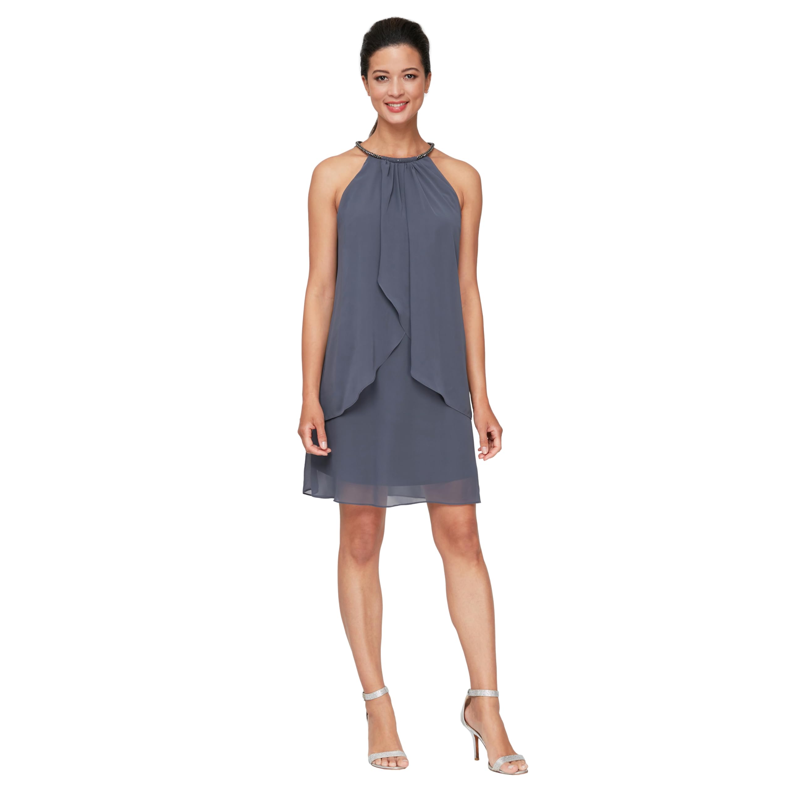 S.L. Fashions Women's Short Beaded Halter Neck Cocktail Gown
