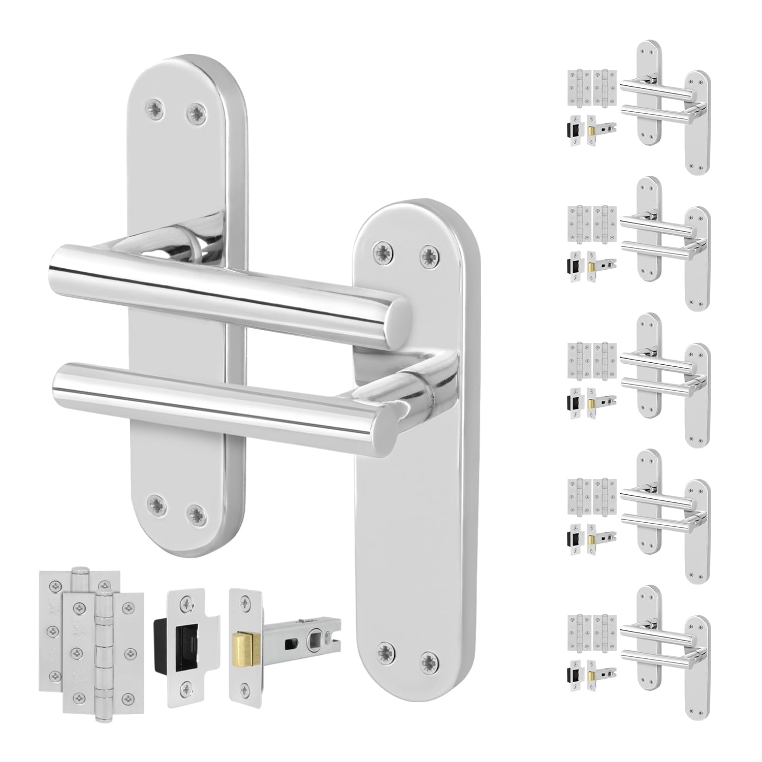 Eai Polished Chrome Chrome Door Handle Latch Set, 6 Pair Internal T-Bar Handles, Hinges (76Mm) Latches (64Mm) - Oliena