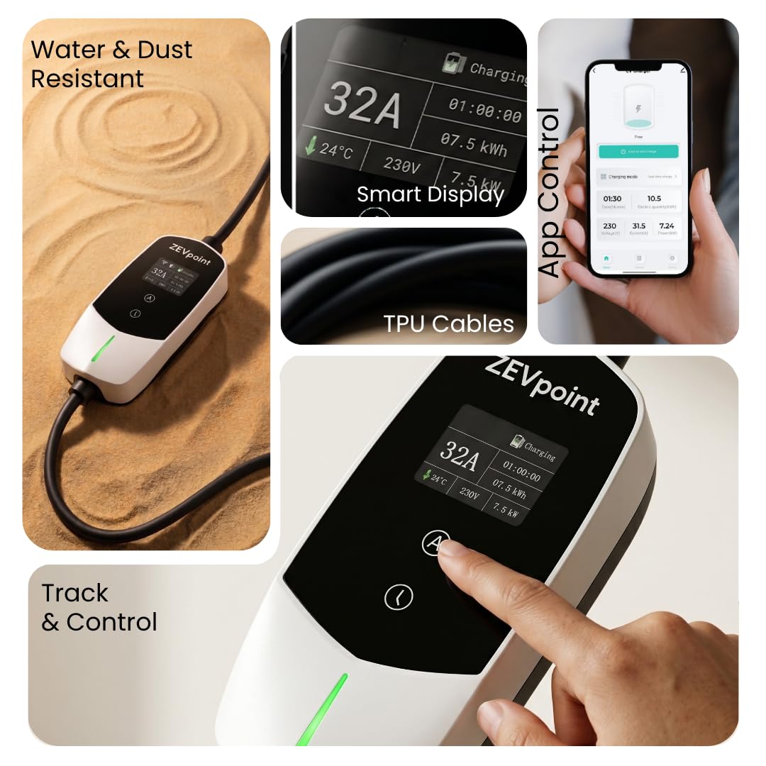 Zevpoint 7.5 kW EV Charger | Carry Bag + Wall Bracket + CEE Socket | 32A, Waterproof | 5m Length, 3” Display, App Control | Adjustable Power | Auto Cut, Overload & Earthing Protection (Dash 2.0) — Amazon image 3