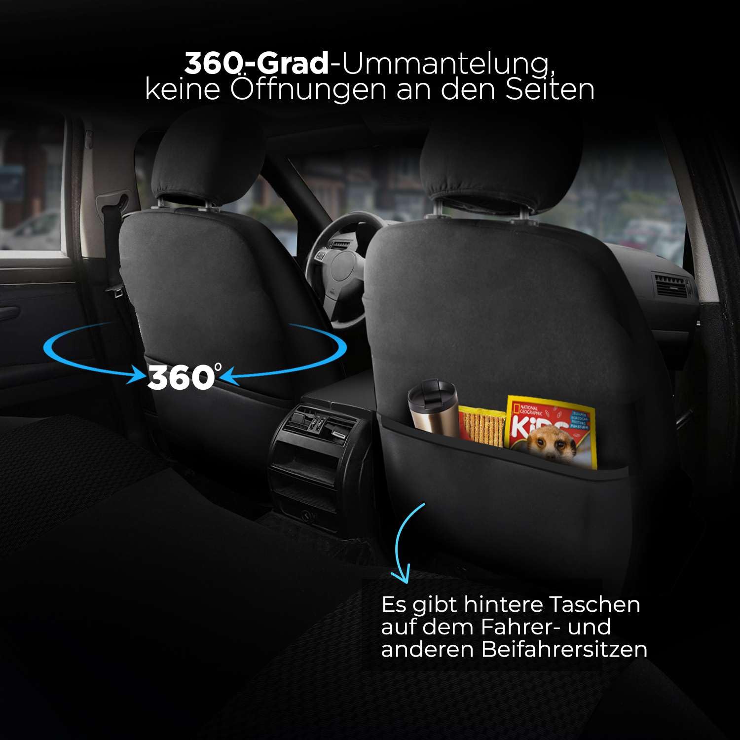 Autositzbezüge Universal für PKW & SUV – Premium Vordersitze Auto Sitzbezug aus Webstoff, Schwarz, Airbag-Kompatibel Sitzauflage, Autoschonbezug, Vordersitz-Set inkl. Montageset