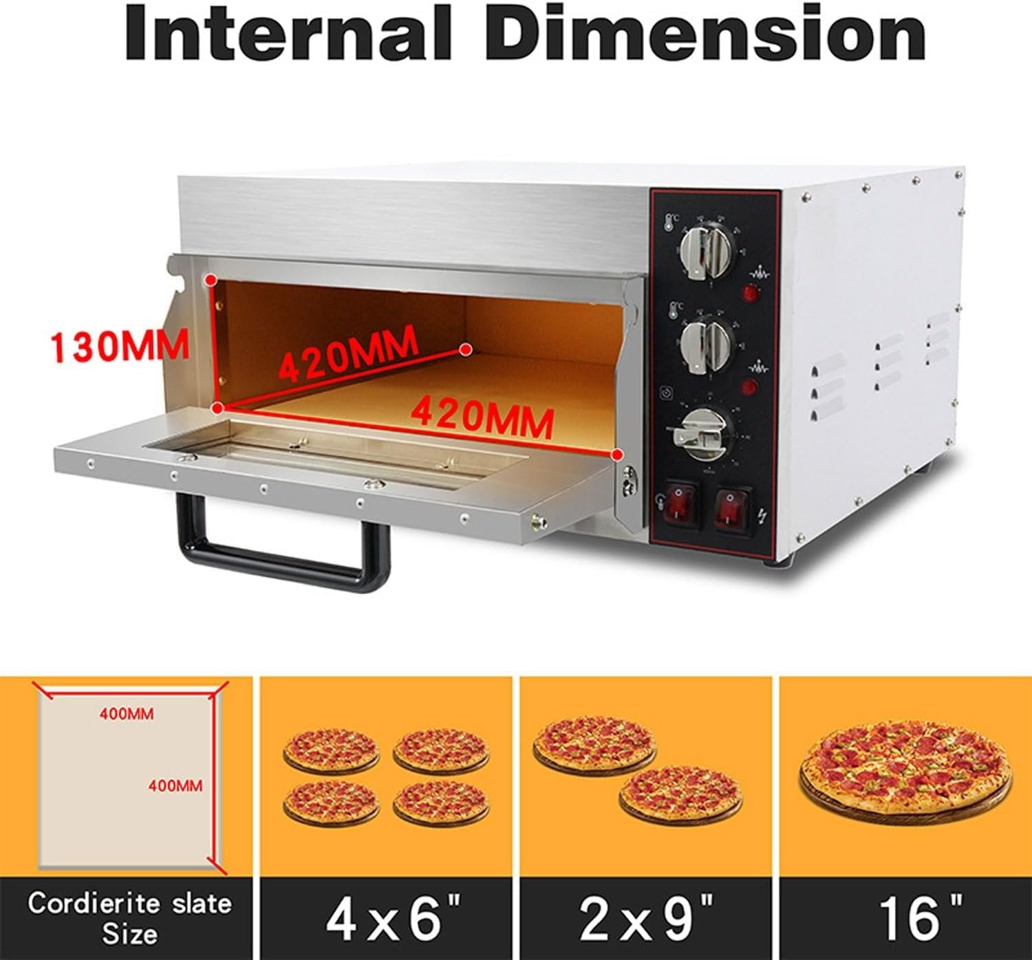 Forno elettrico for pizza commerciale, macchina for pizza in acciaio inossidabile da banco da 2000 W, temperatura regolabile da 50 a 350 ℃ e timer da 0 a 60 minuti, cuoci pizza da 16 pollici, tacchino