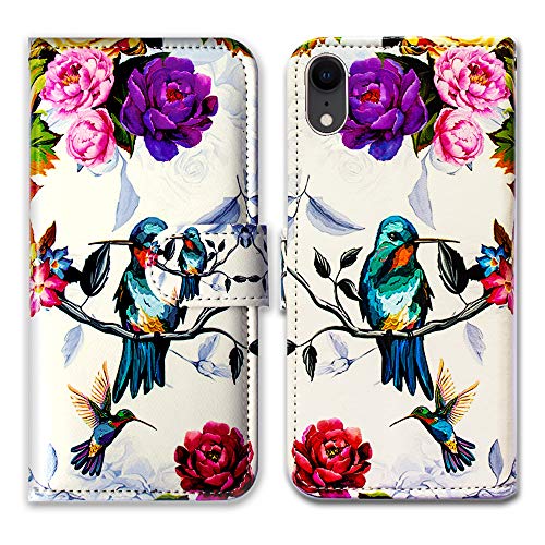 Bcov Wallet Case for iPhone XR, Hummingbird in Flowers Leather Flip Wallet Case Cover with Card Slot Holder Kickstand for iPhone XR