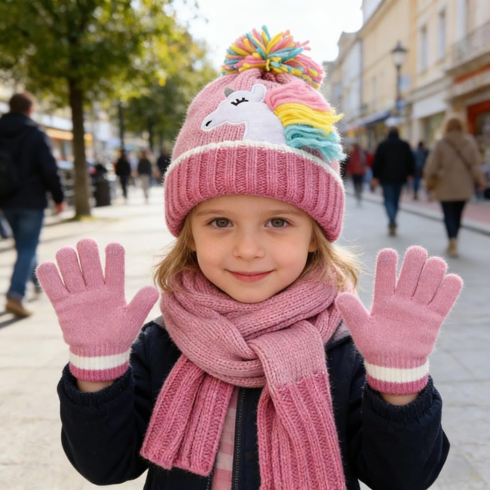 Conjunto de gorro de invierno para niños, bufanda y guantes, gorro de punto cálido con patrón de unicornio y calentador de cuello para niños de 3 a 6 años, paquete de accesorios de invierno