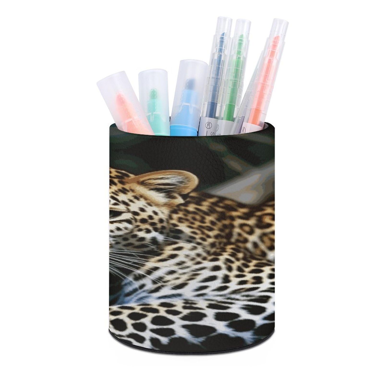 JTREHY - Round Leopard Pen Holder Makeup Brush Holder PU Leather Cup Stationery Organizer Office Accessories Container Box
