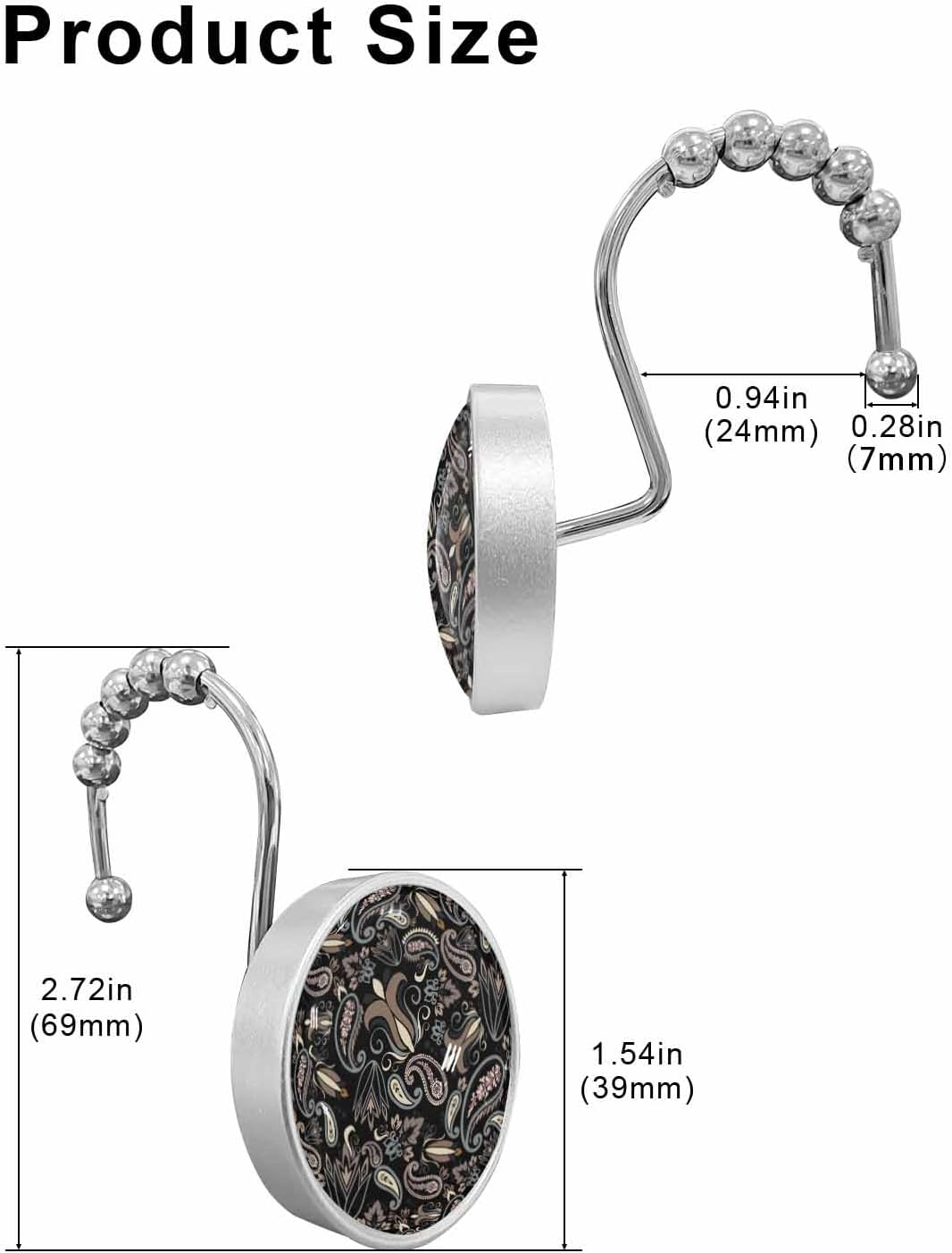 Paisley Shower Curtain Hooks 12 Pcs Black Brown Floral Abstract Retro Stainless Steel Rust Proof Rolling Shower Curtain Rings, Decorative Shower Curtain Hooks Hangers for Bathroom