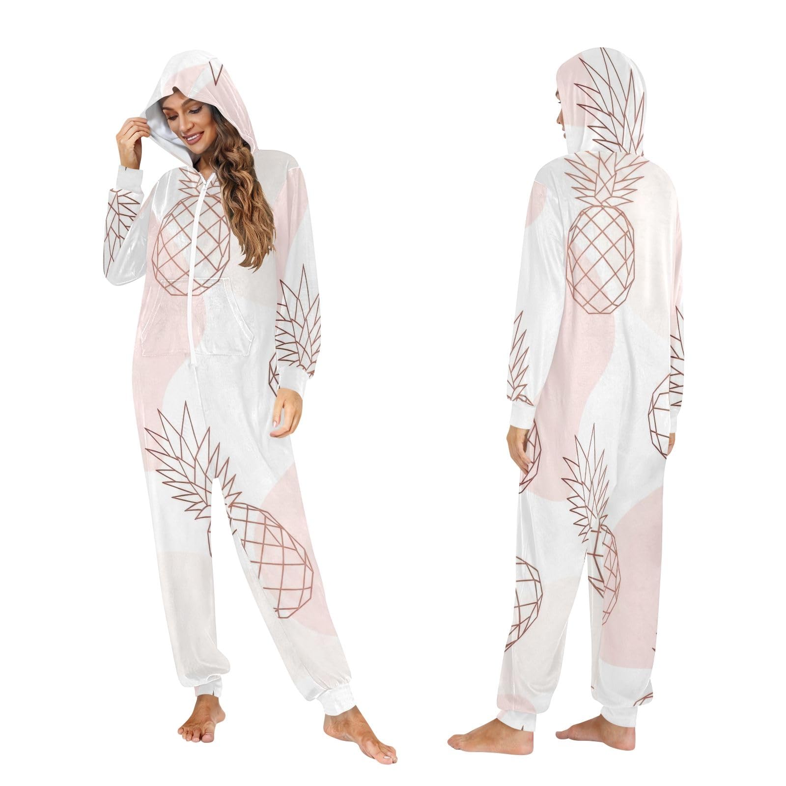 Pigiama intero natalizio con ananas, bianco e rosa, per adulti, unisex, in morbido pile con cappuccio e cerniera