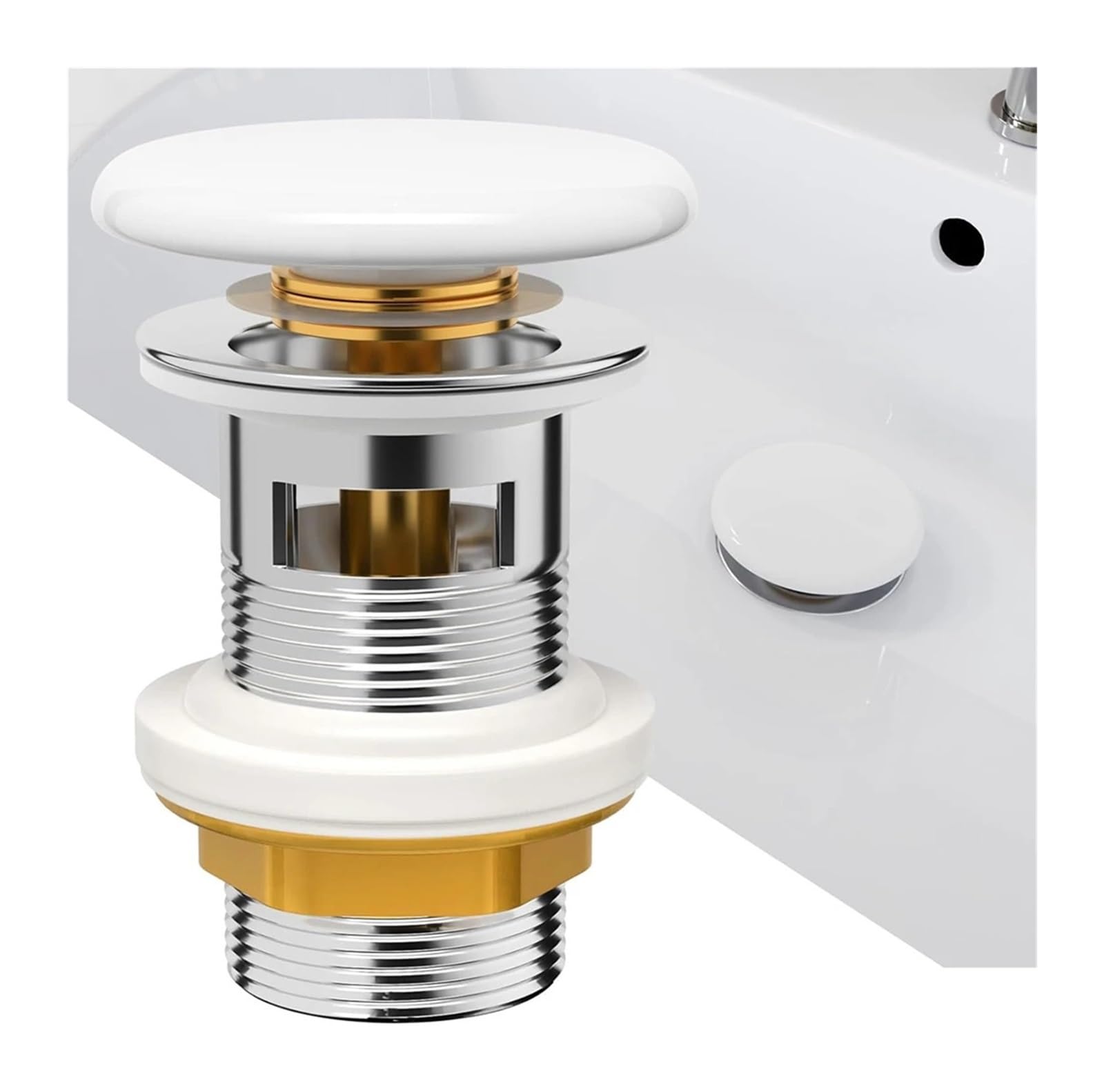 White Ceramic Cover Pop Up Drain Button Bathroom Sink Plug Drainer Siphon Waste Stopper Wash Basin Faucet Accessory Washbasin(With Overflow)
