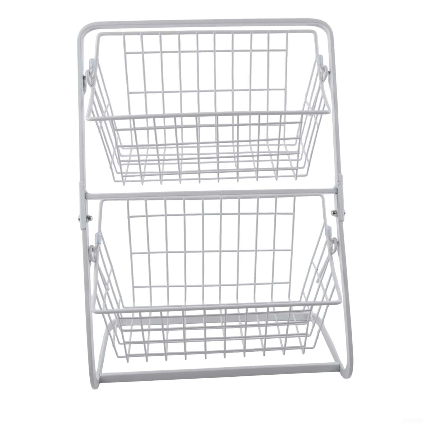 Cestino per frutta a 2 ripiani, in metallo, con manico in legno, organizer da cucina per frutta, verdura, cestino per pane, impilabile, 37 x 28 cm (bianco)