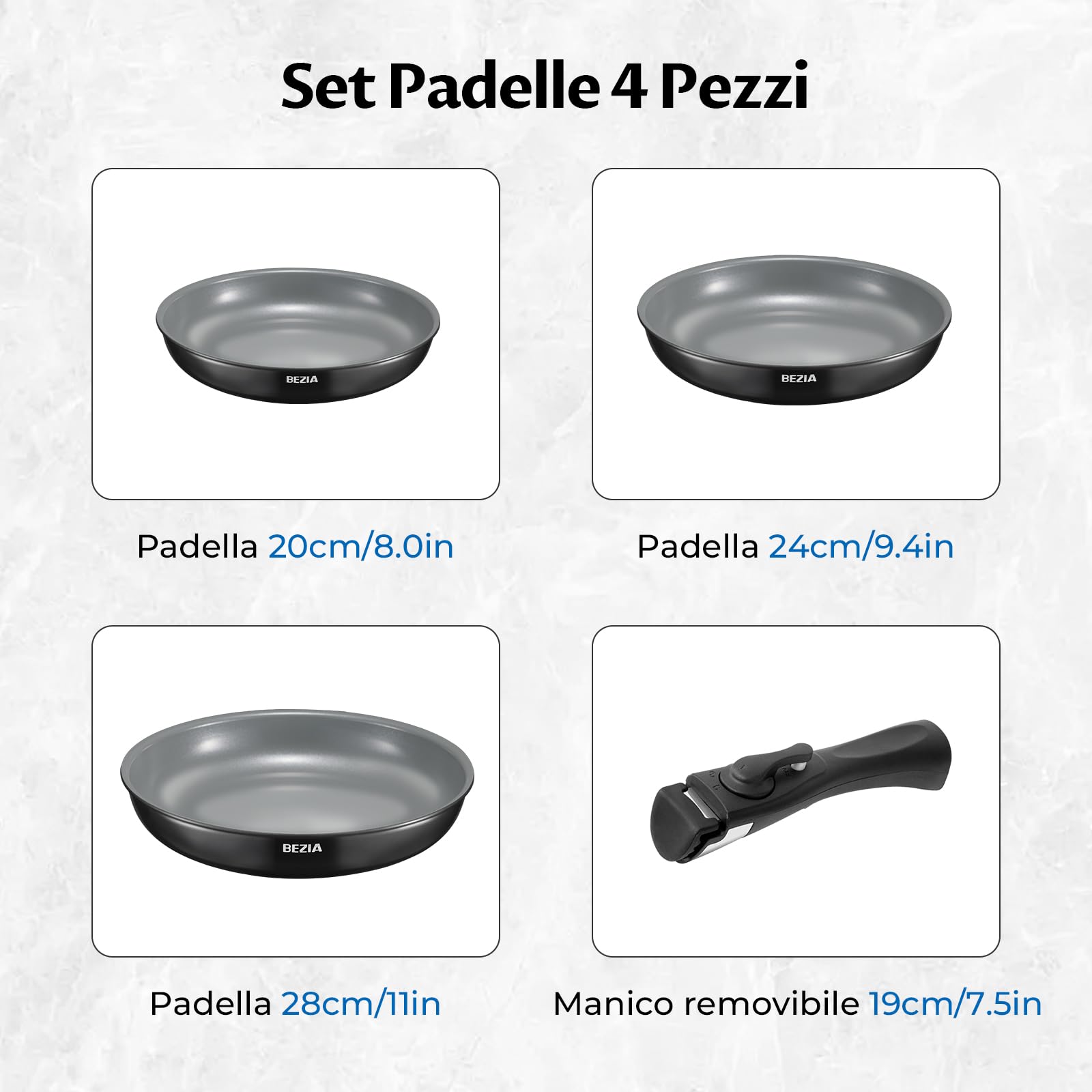 BEZIA Set 3 Padelle Antiaderenti Ceramica a Induzione con Manico Removibile | Padelle per Camper e Cucina Piccola, Impilabili, Adatte al Forno 240°C, Senza PFAS, 20-24-28 cm