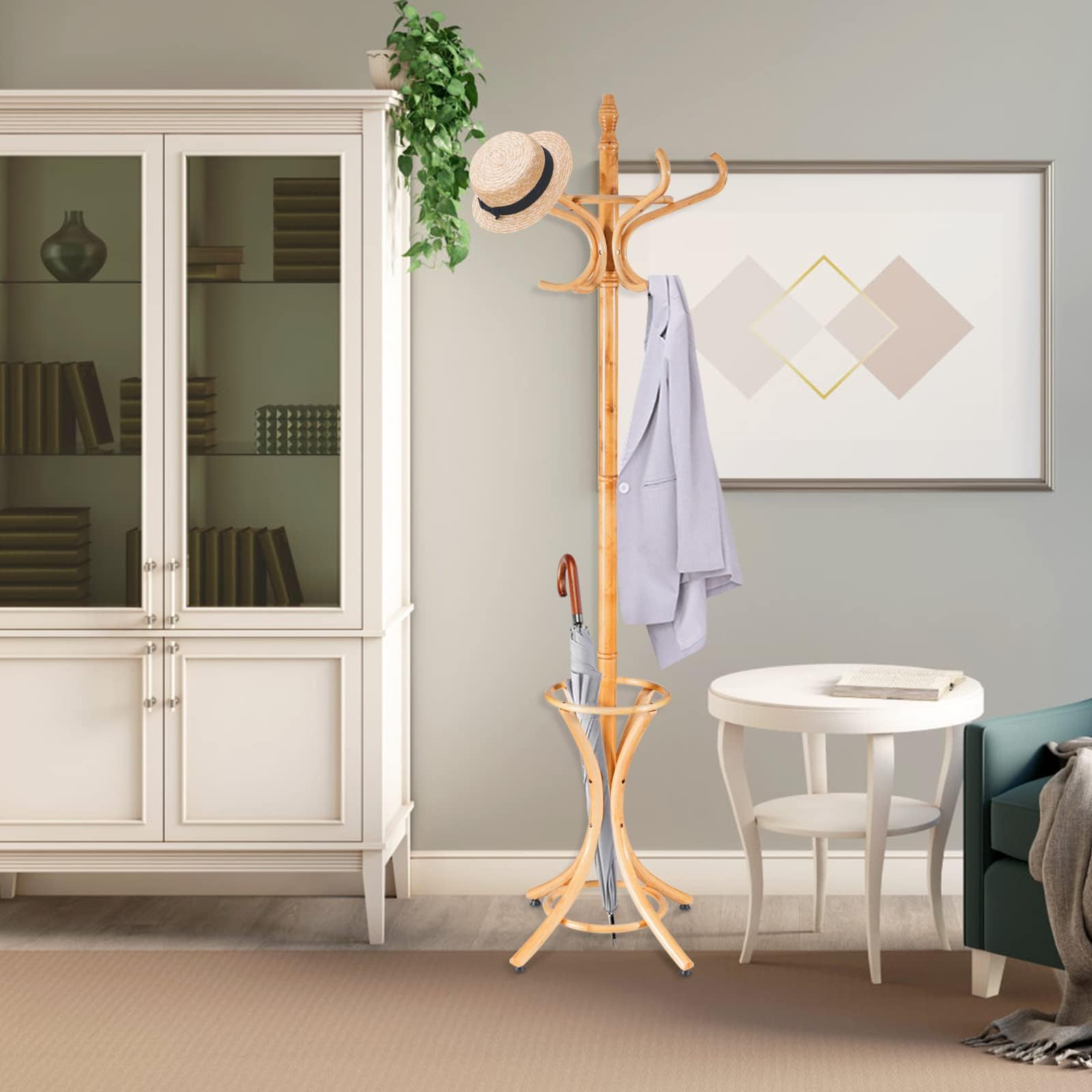 RELAX4LIFE Appendiabiti da Terra con Portaombrelli, Legno Massello, Attaccapanni Alto 184 cm, con 8 Ganci e Piedini, Stand Appendiabiti per Ingresso, Corridoio, Entrata