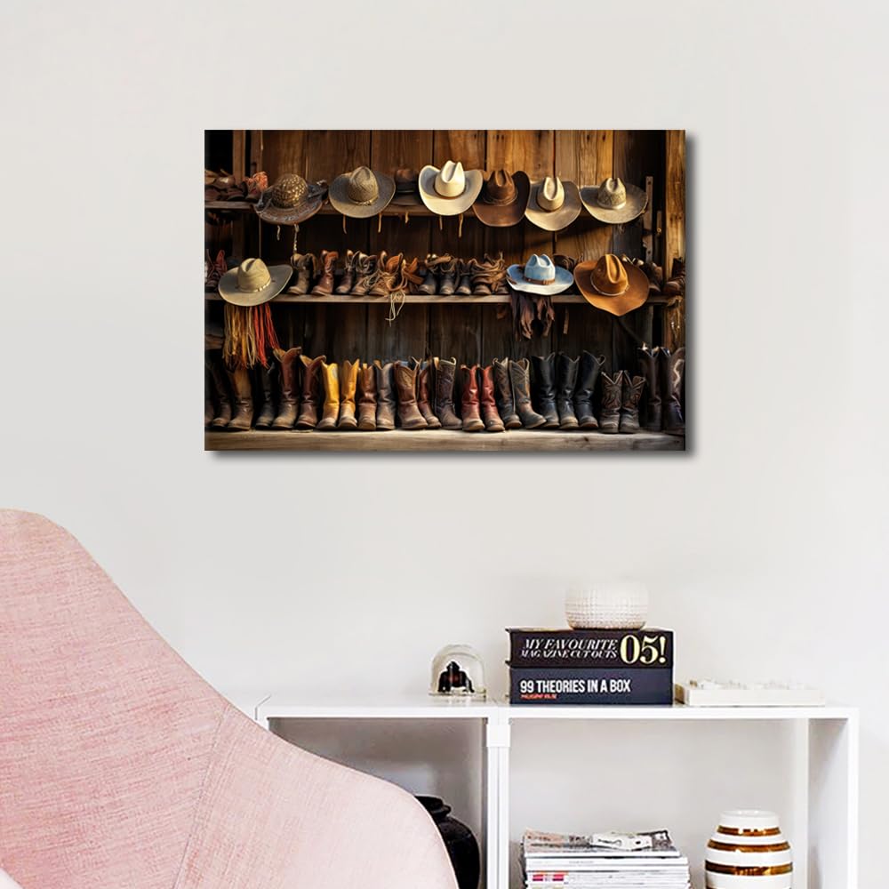 1 Panel Wall Art for Living Room Wooden Shelf with Cowboy Hats and Boots Pictures Print on Canvas for Home Office Wall Decoration Wooden Framed Gallery-Wrapped Ready to Hang - Image 3