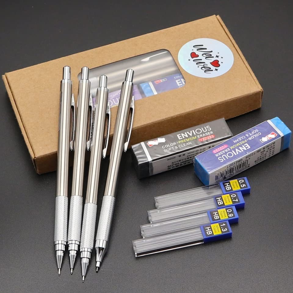 Ołówki, w pełni metalowe, mechaniczne, 0,5 mm/0,7 mm/0,9 mm/1,3 mm, automatyczne, do pisania, skanowania, artykuły papiernicze (czerwone) (czerwone)