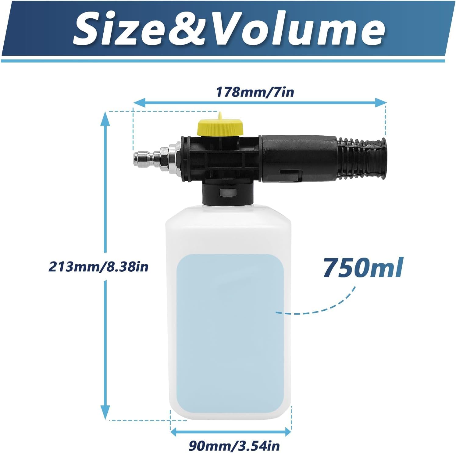 YUET Jet Bottle - Cañón de espuma de nieve para Karcher K2 K3 K4 K5 K6 K7 generador de jabón de alta presión para coche, boquilla pulverizadora ajustable de 750 ml (rectangular de 1/4 pulgadas)