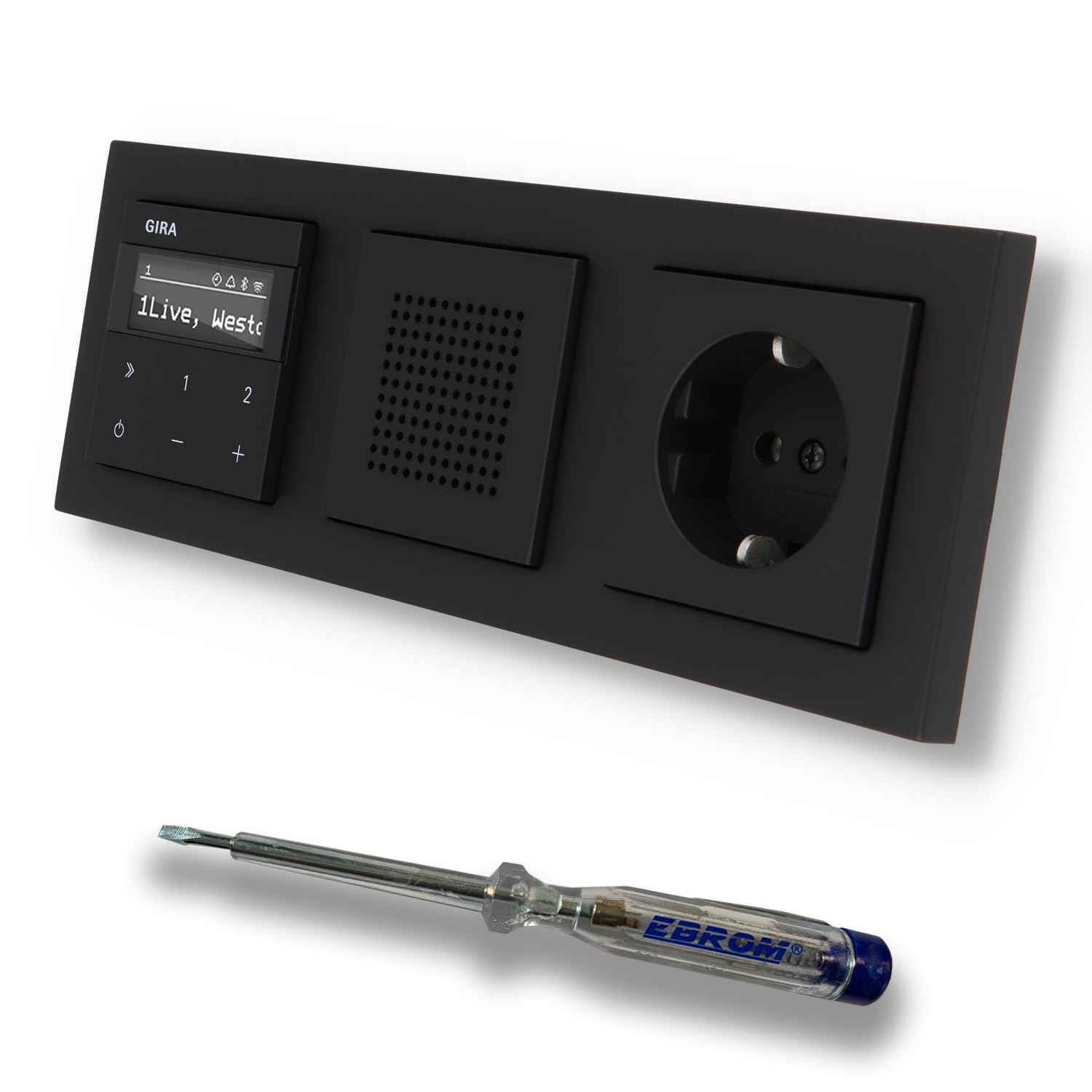 Gira Unterputz IP Internetradio 232003 + Bluetooth KomplettSet + Lautsprecher + Steckdose - E2 schwarz matt im 3fach Rahmen Gira 021309 inkl. EBROM Phasenprüfer zur Montage der Geräte