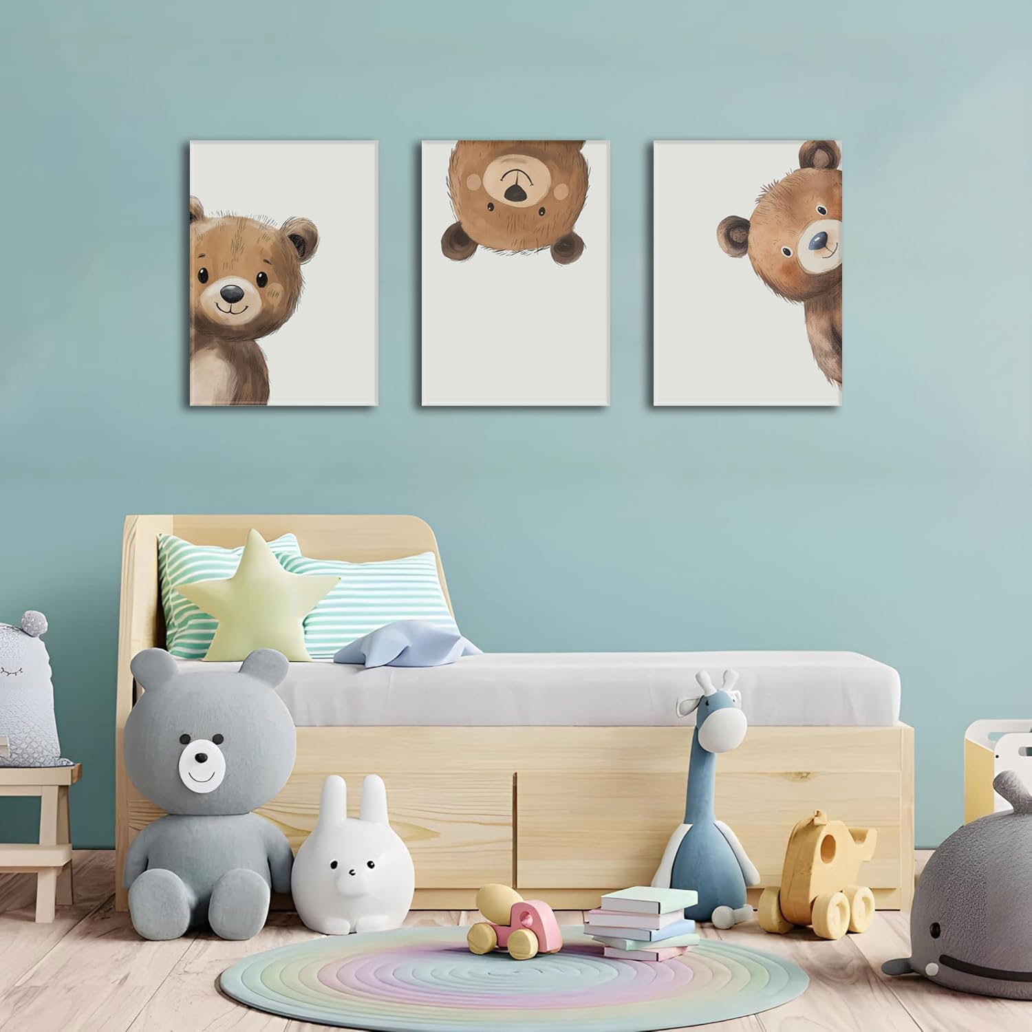 AOYUSMO 3 Piece Baby Bear Canvas Wall Art Nursery Funny Animal Wall Art Cute Bear Pictures Wall Decor Kids Baby Boy Animal Art Prints for Children's Room Bedroom 16"X24" Framed