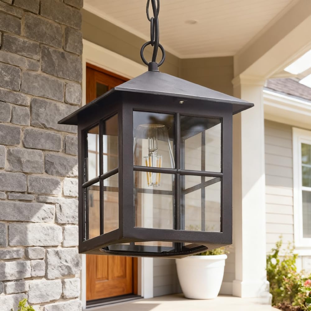 Lustre d'extérieur vintage en verre et métal noir, étanche IP65, ampoule Edison E27 pour patio jardin porche