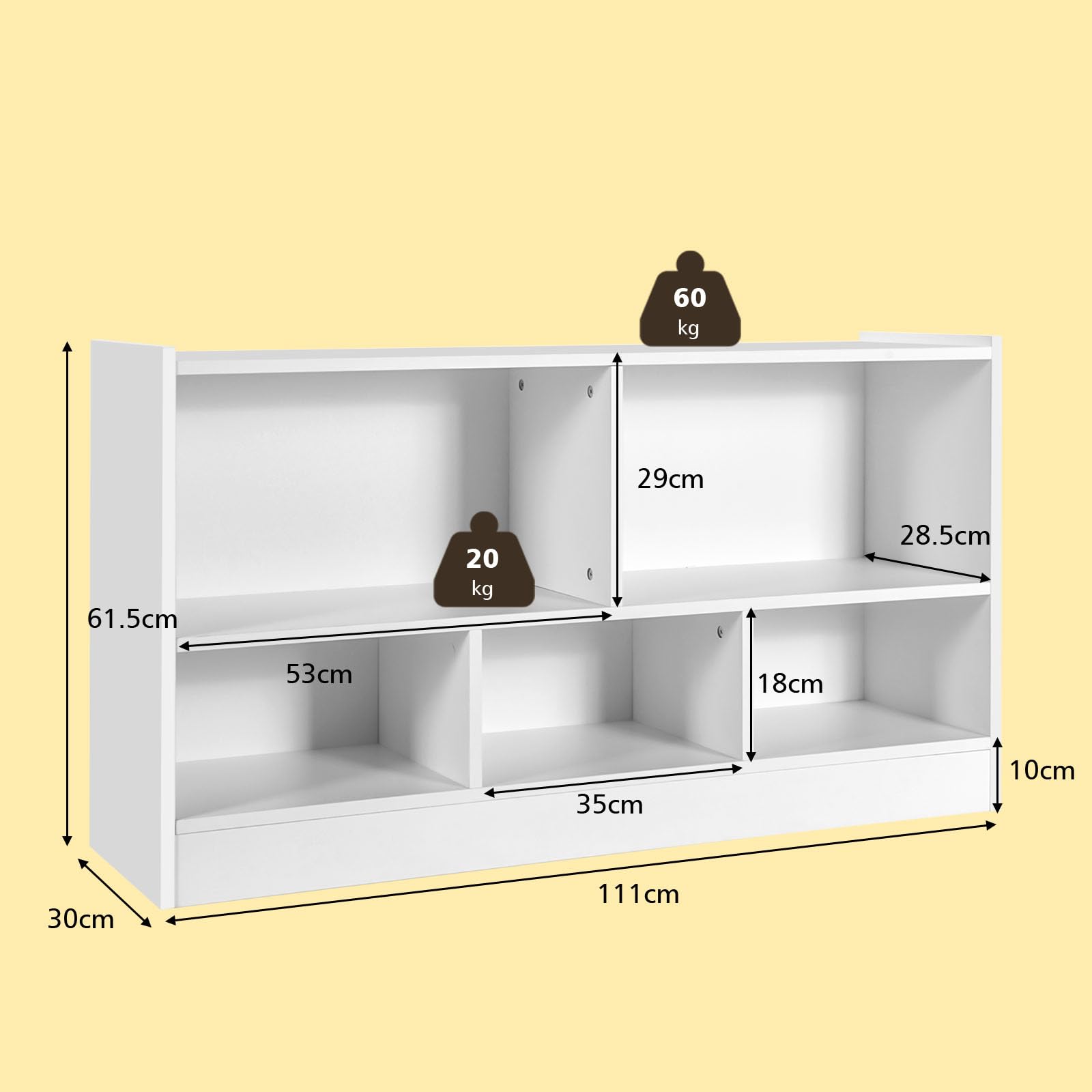 HOMASIS Scaffale per Bambini a 2 Livelli con 5 Scomparti, Libreria per Bambini in Legno, Armadietto Aperto per Stanza dei Giochi, Camera da Letto, Salotto, Aula, 111 x 30 x 61,5 cm (Bianco)