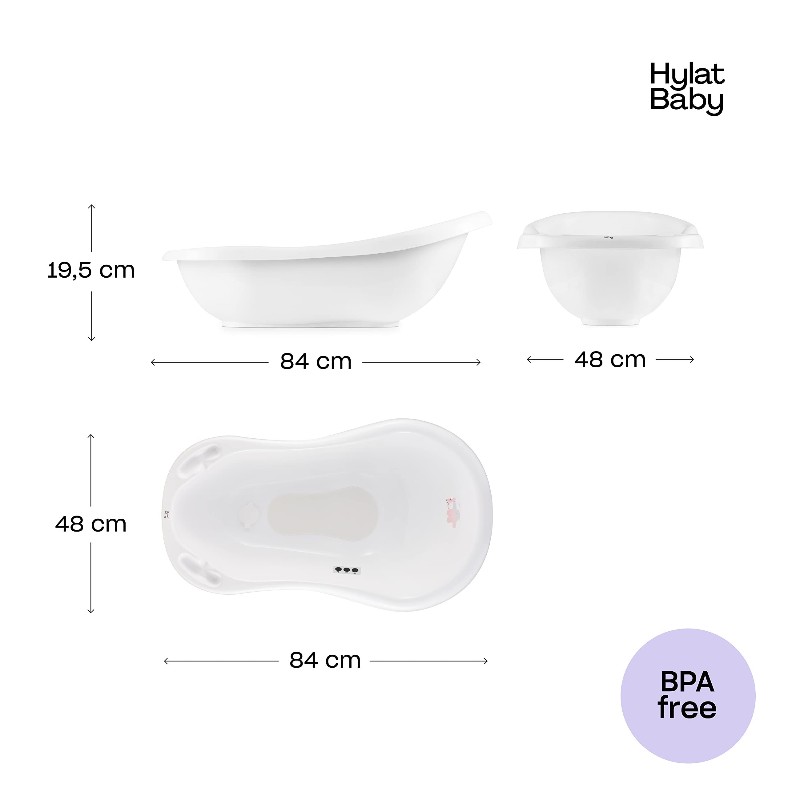 Hylat Baby Friends Bianca Vaschetta Bagnetto Neonato con Tappo di Scarico e Termometro, Vaschetta Antiscivolo per Bambini Fino a 12 Mesi in Plastica Senza BPA, Vaschetta per Neonati, Bambini
