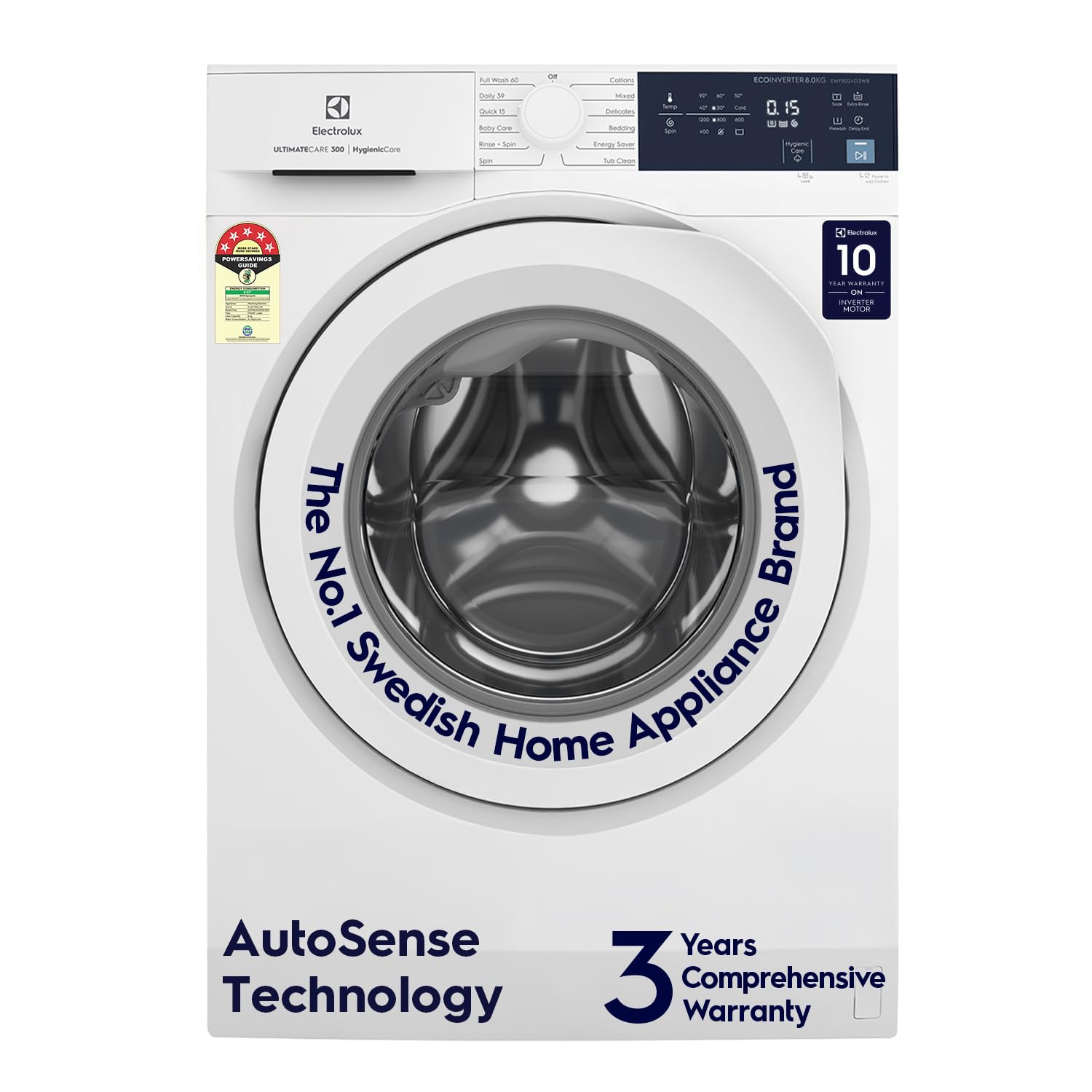 8kg 5 Star Front Load Washing Machine, 3 Year Warranty, AutoSense Technology, Full Load Vapour Wash, Hygienic Care, EcoInverter Motor, UltimateCare 300, EWF8024D3WB, White