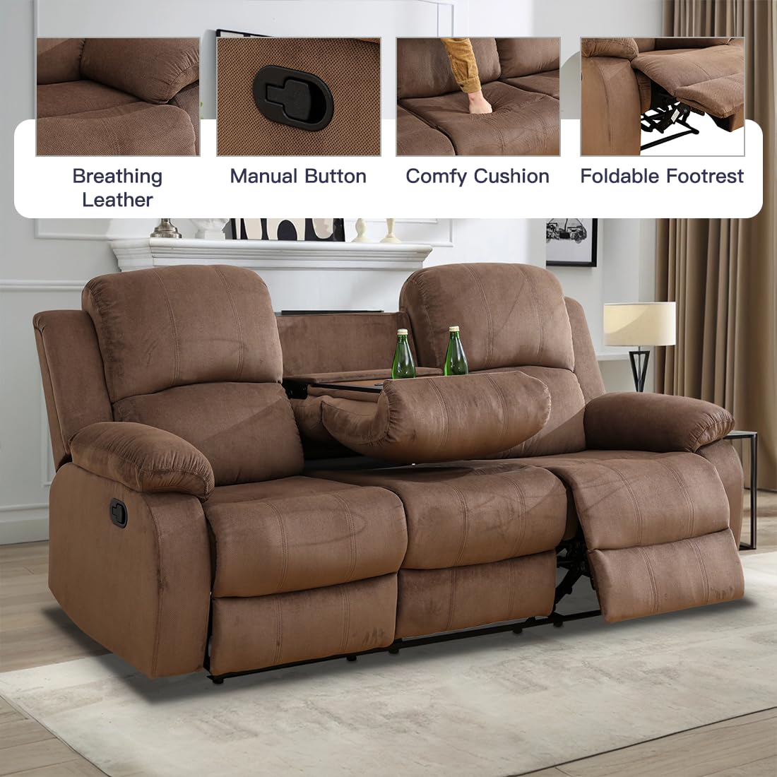 Toseslo Living Room Furniture Set, Manual Reclining Sofa Set, Brown Corduroy Recliner Couch Sets with Drop-Down Table, Recliner Sofa with Storage Console/Cup Holder for Living Room/Apartment view 4