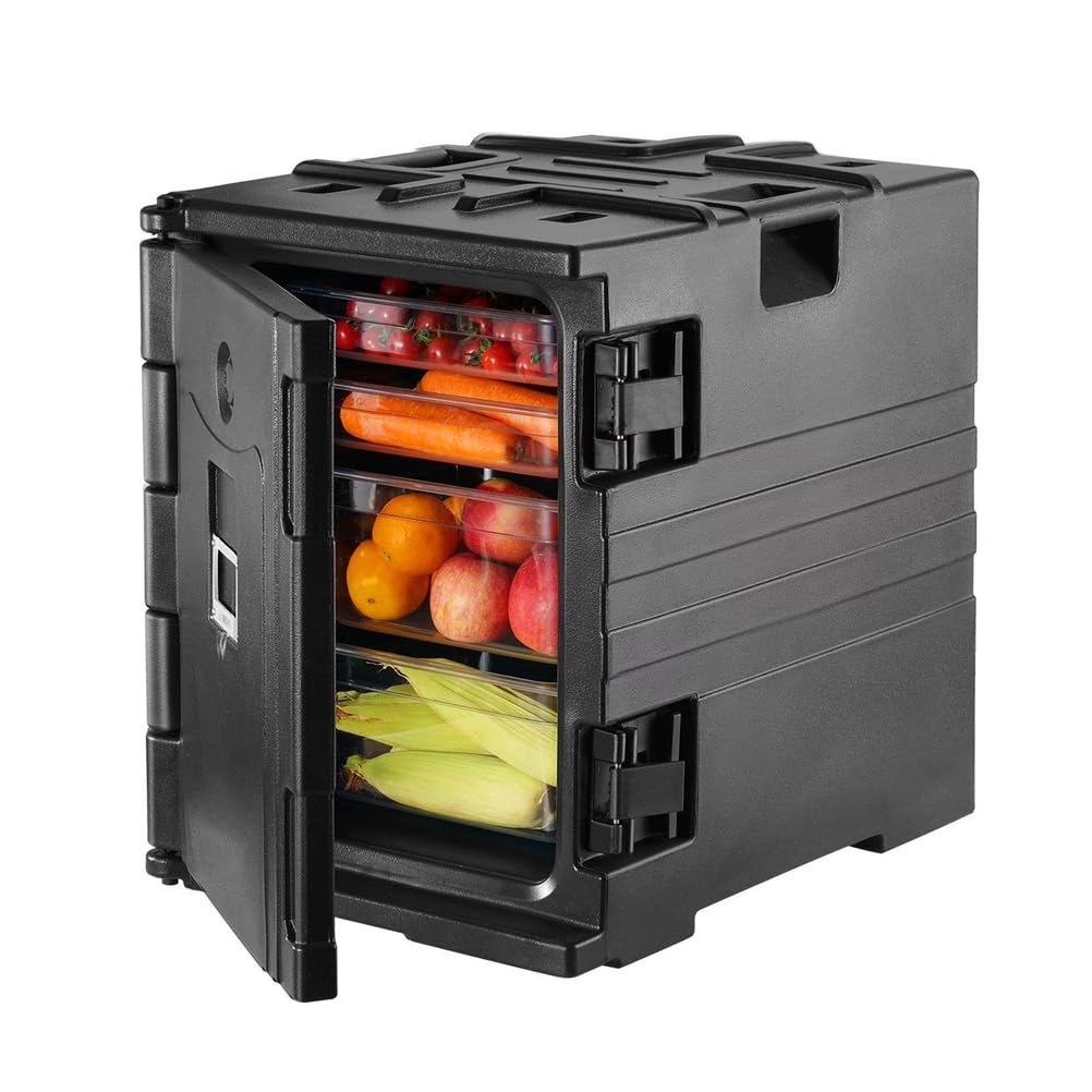 Caja de poliestireno de 90 l, porta alimentos aislante, con asas y ruedas integradas, calentador de alimentos de carga frontal, para transporte de alimentos en camping y picnics, color negro