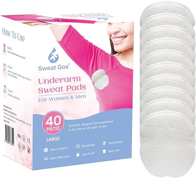 Sweat Gos Underarm Sweat Pads - Armpit Sweat Pads Disposable, Odour Free & Ultrathin & Invisible - Comfortable Super Absorbent Pad - Self Adhesive Underarm Dress Shields for Men & Women - Large 40 PCs