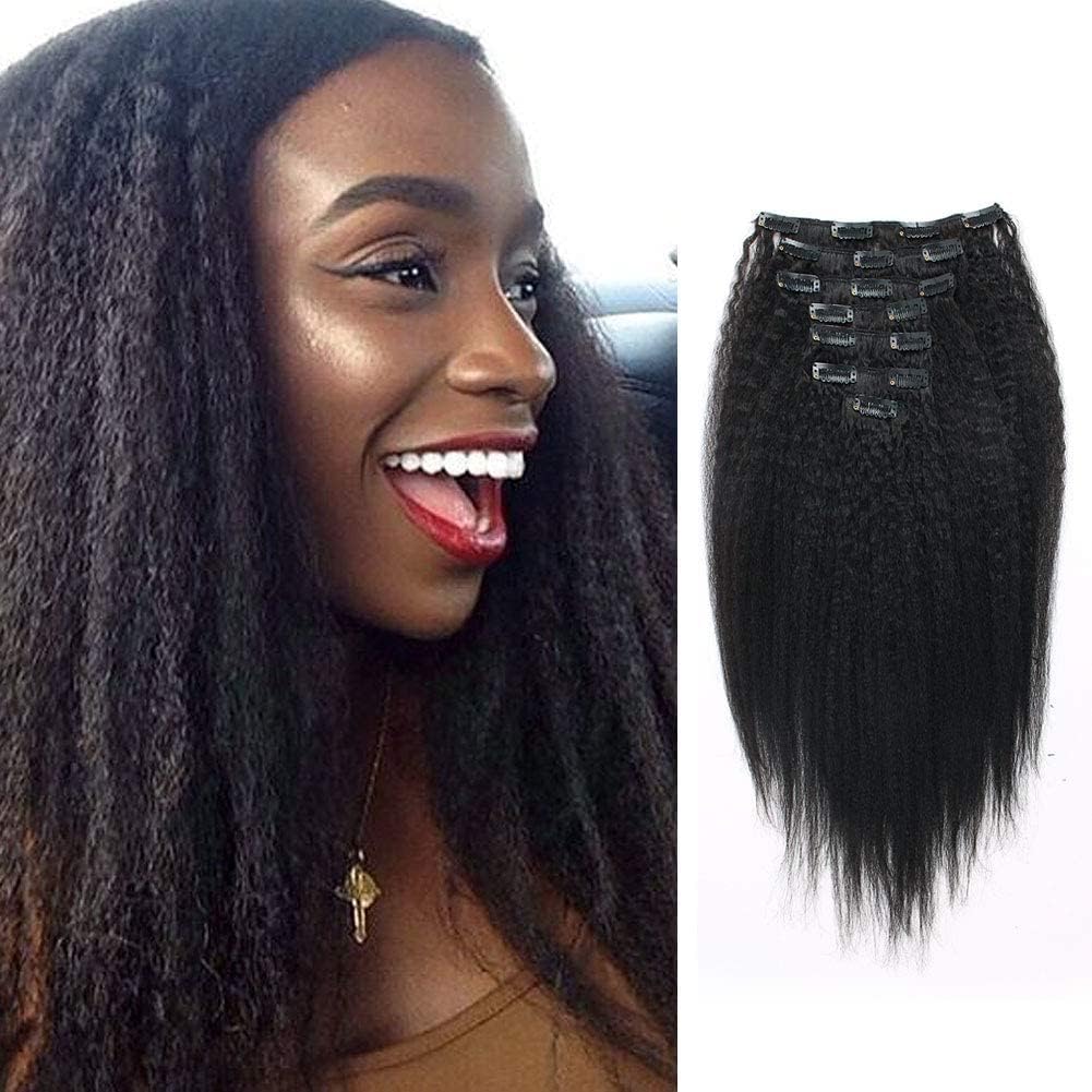 Lovrio Kinky Straight Clip In Hair Extensions Real Human Hair Remy Thick Relaxed Human Hair Clip in Extensions for Black Women Natural Black Color 7 PIeces 17 Clips 120g Per Set, 12 Inch Kinky Straight Clip Ins