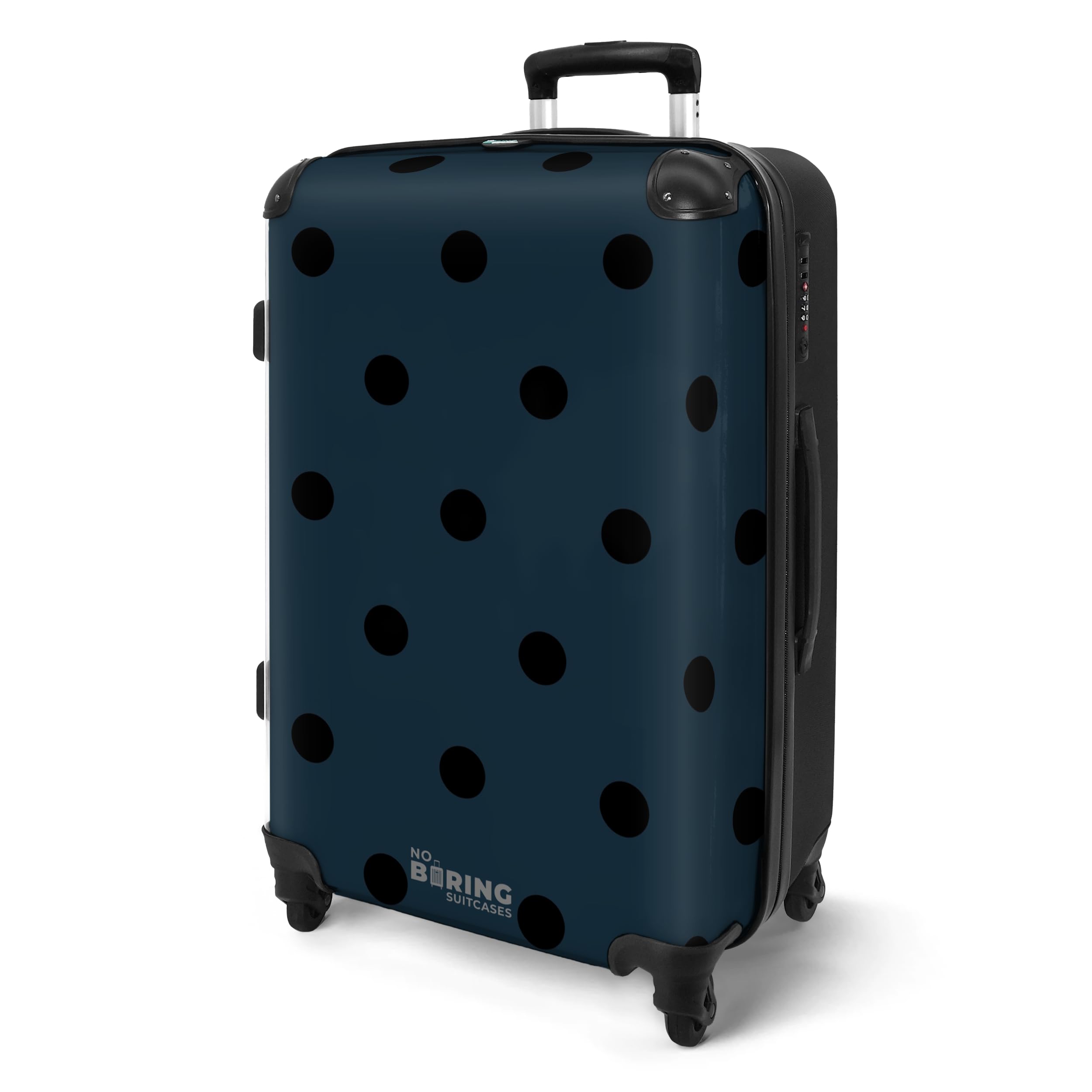 NoBoringSuitcases.com® Koffer Mittelgroß 67x43x25 cm Hartschalenkoffer Trolley Rollkoffer mit 4 Rollen Leicht Hartschale Mittlerer Muster - Punkte - Schwarz - Blau
