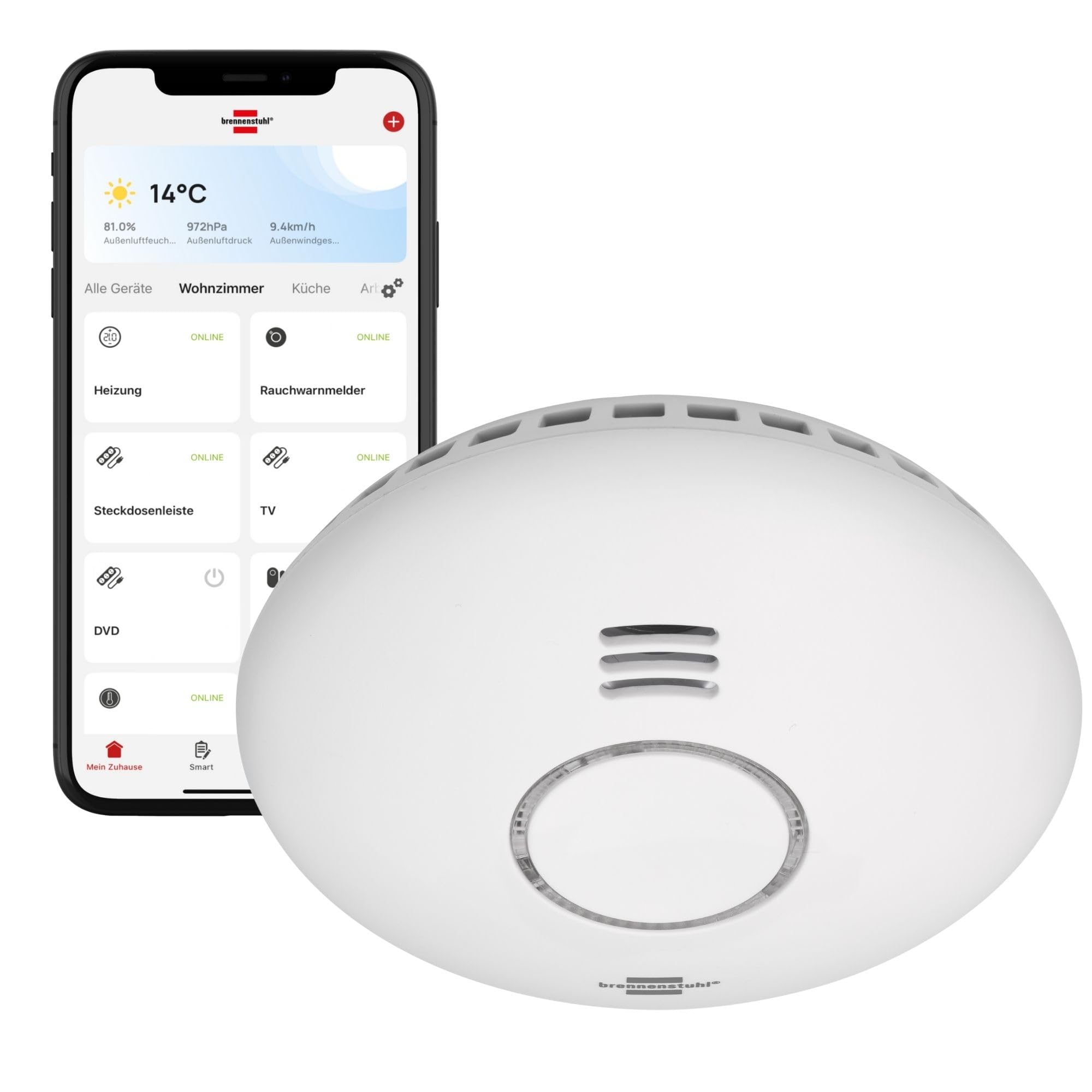 Brennenstuhl Connect WiFi Smoke and Heat Detector WRHM01 with app Notification (WiFi Smoke Detector Including 2X Batteries, Tested According to EN 14604)