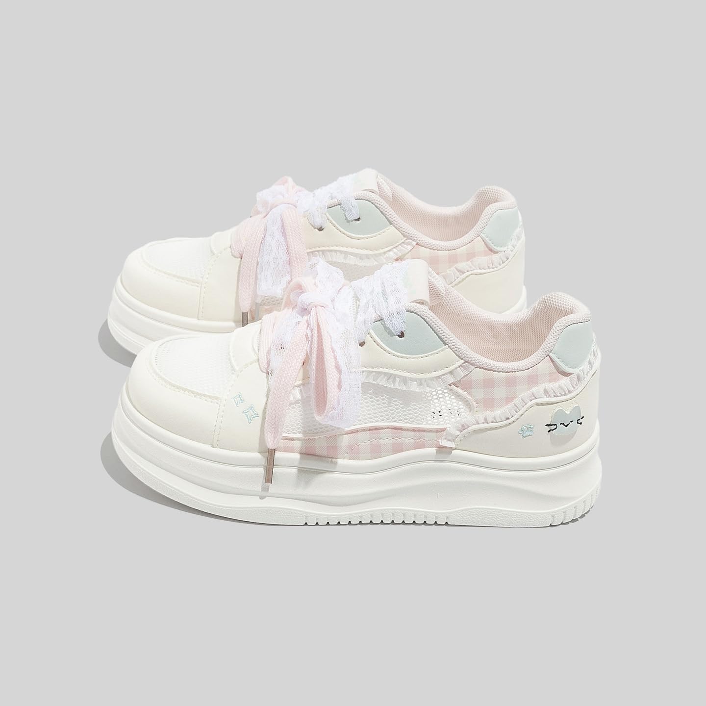 Cute Bow Platform Sneakers for Women Casual Walking Shoes with Lace Ribbon Detail Soft Comfortable Everyday Sneakers with Gingham Cat Design