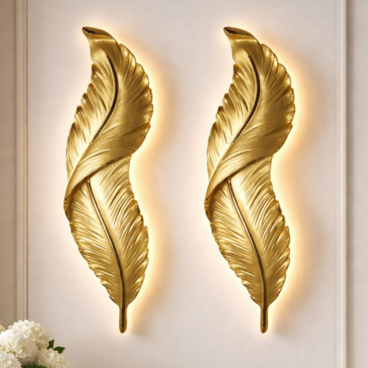 UJALAVISTA Feather Shape Wall Lamp | 65cm Acrylic Fancy Wall Light | 3-Color LED (Warm/Natural/Cool) | Modern Decorative Wall Sconce for Living Room & Bedroom (White Feather) (2, Gold)