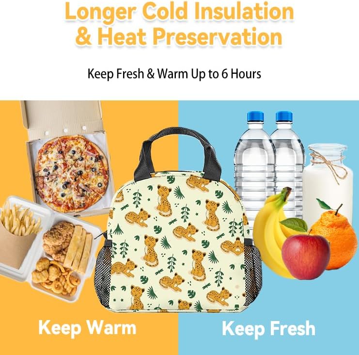 Miniatura 6 de Lonchera con estampado de guepardo, reutilizable, aislada, con correa para el hombro y bolsillos, lonchera pequeña amarilla linda para niños,