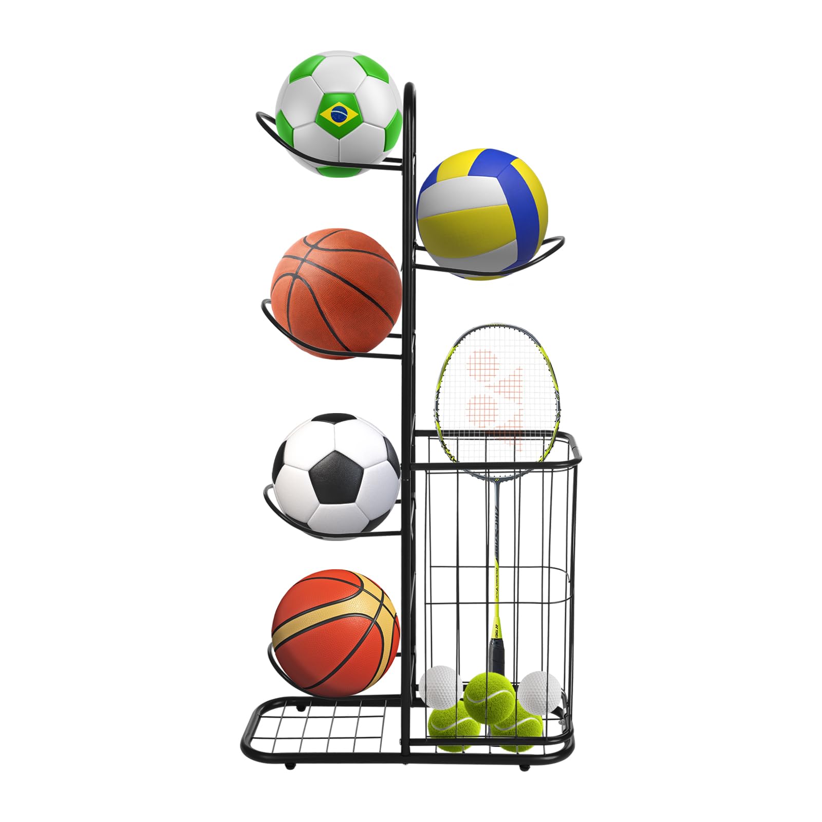 Estantería de almacenamiento de baloncesto, soporte para pelotas con 5 soportes de bolas y cestas, organizador para equipos deportivos, organizador para rugby, voleibol, fútbol